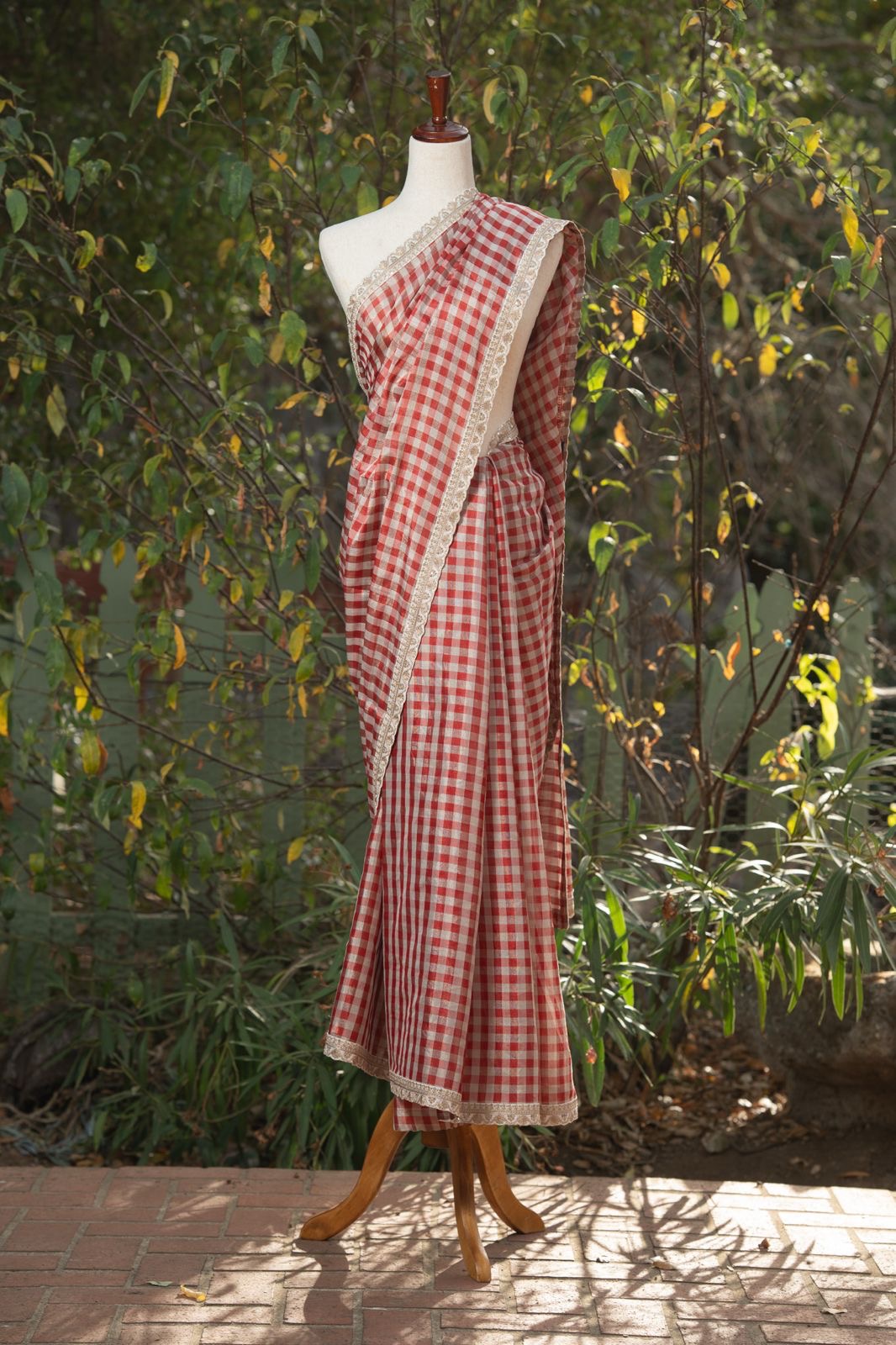 Red and white check Chanderi saree