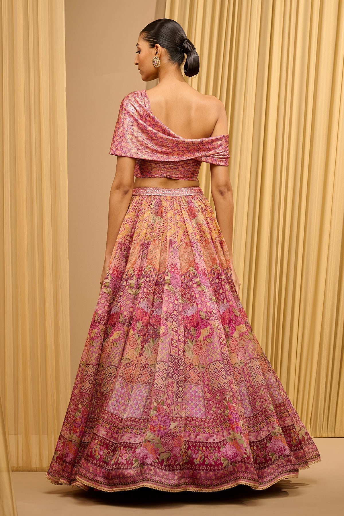 Tarun Tahiliani Foil Jersey Printed Lehenga With Draped Blouse