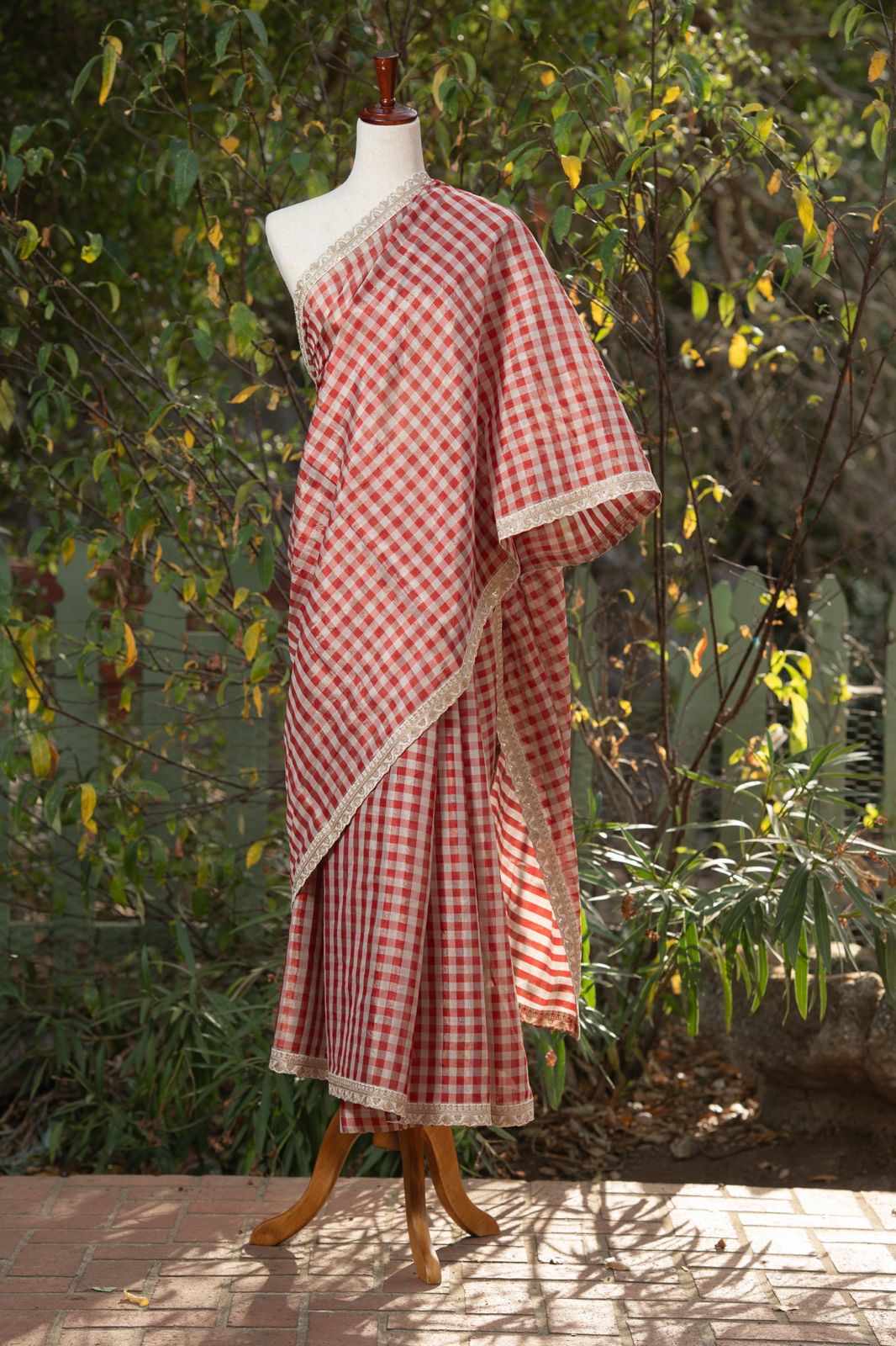 Red and white check Chanderi saree