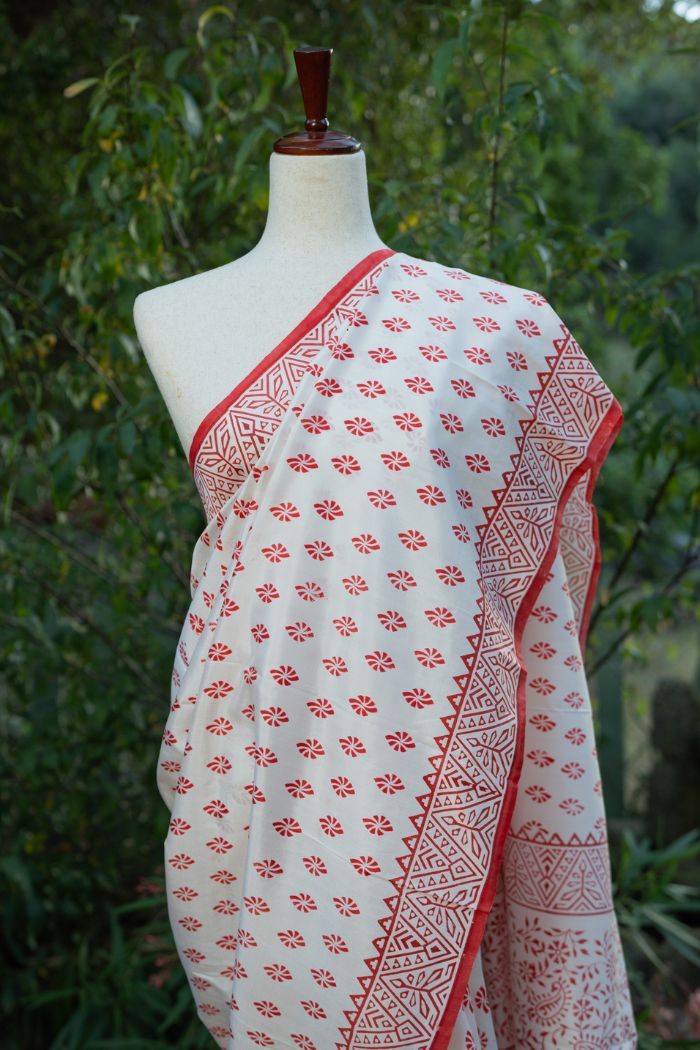 White and Red Murshidabad Silk Saree