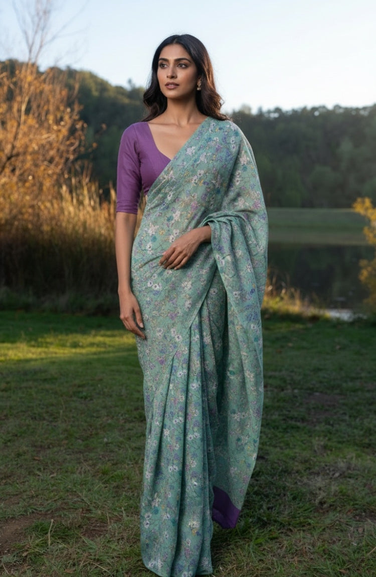 Green printed chiffon saree