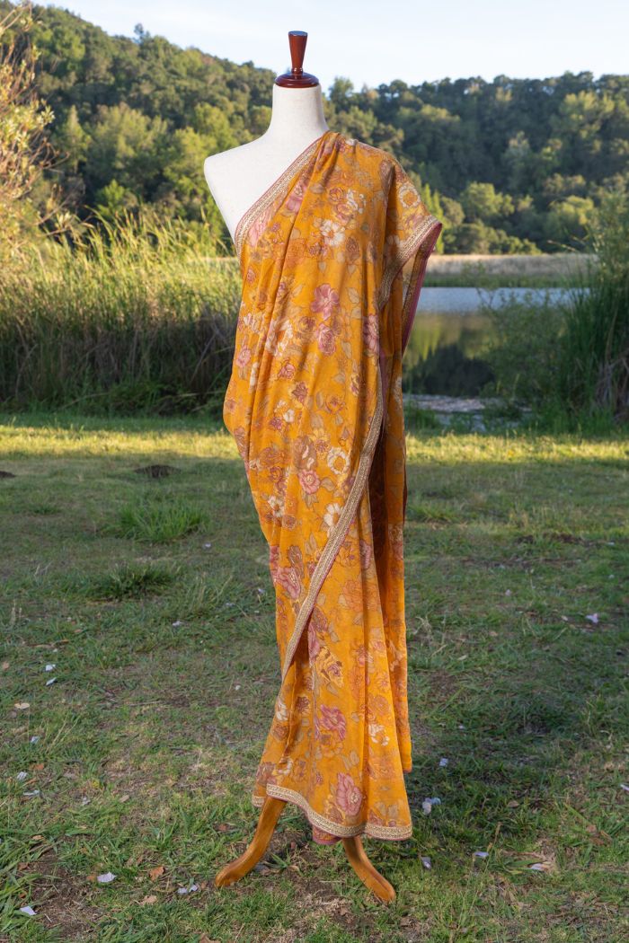 Rust printed chiffon saree