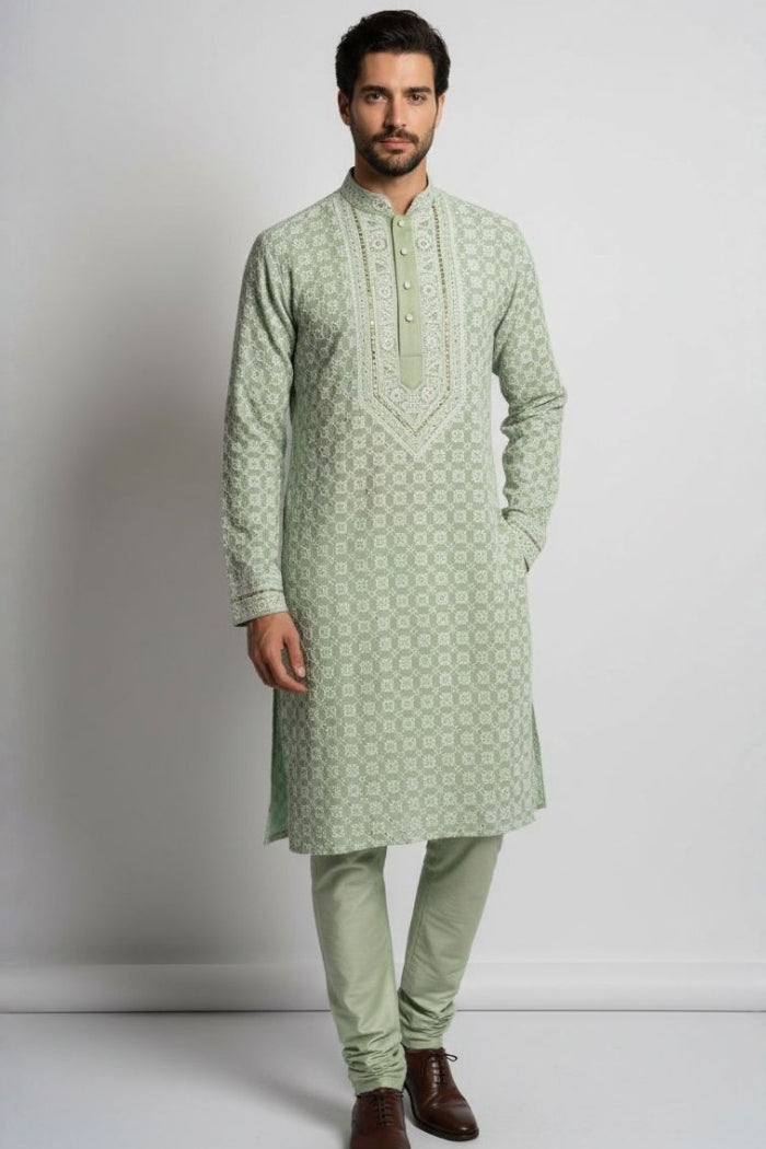Mint Chikankari Mens Kurta Set