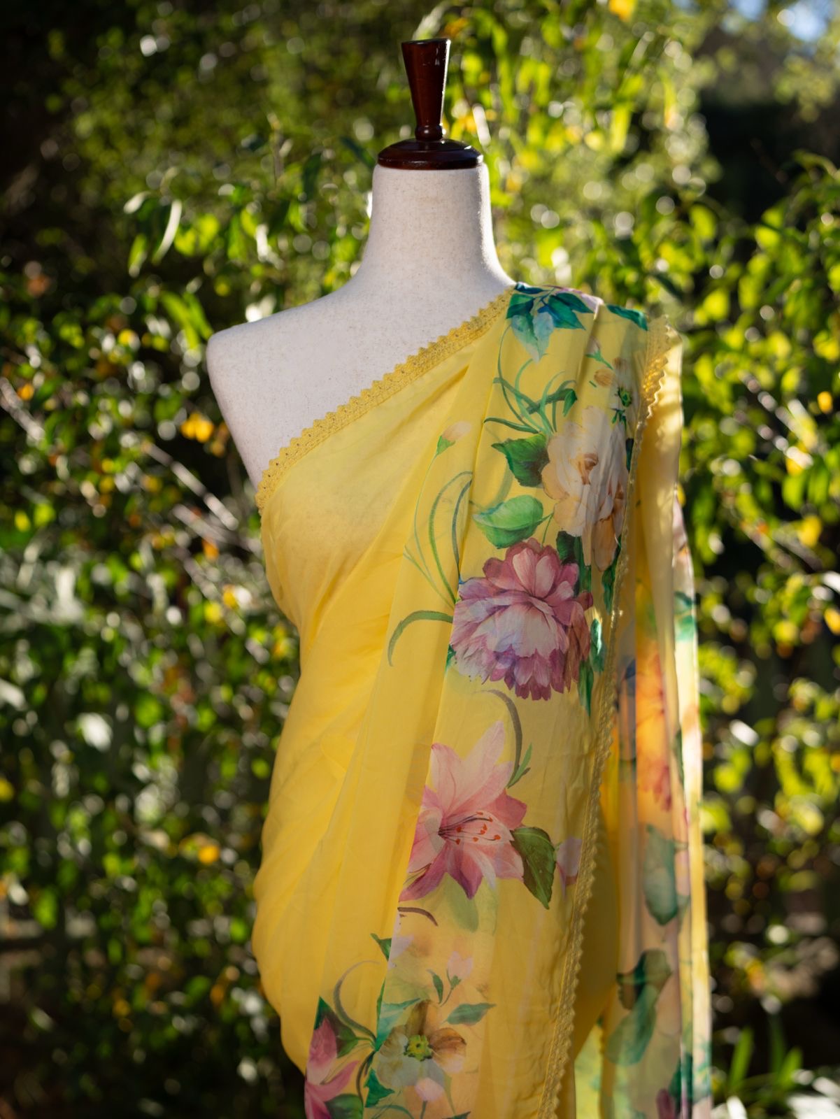 Yellow printed georgette saree