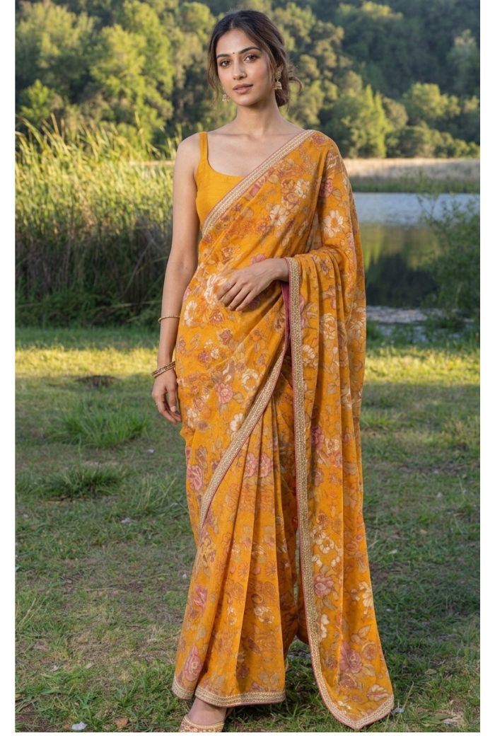 Rust printed chiffon saree