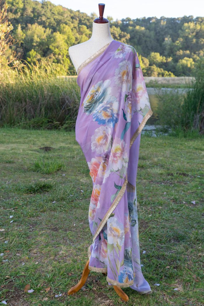 Lavender printed chiffon saree