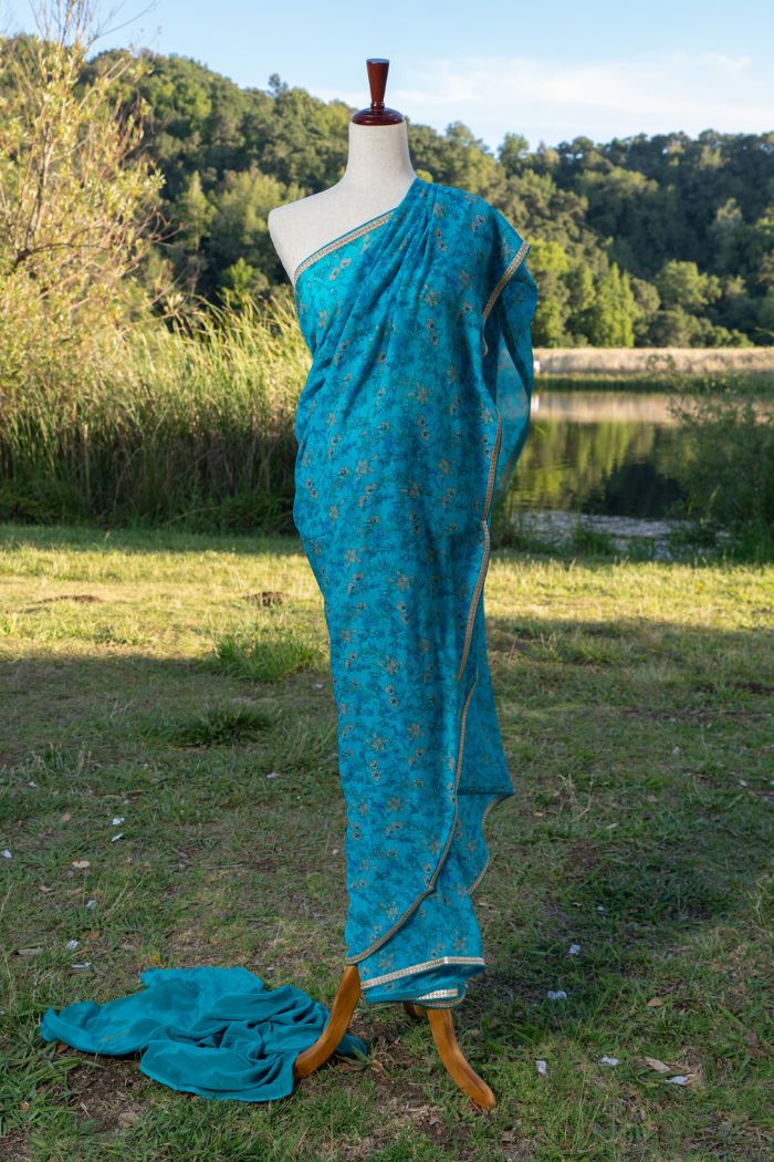 Blue printed chiffon saree