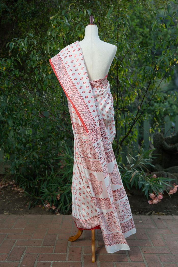 White and Red Murshidabad Silk Saree