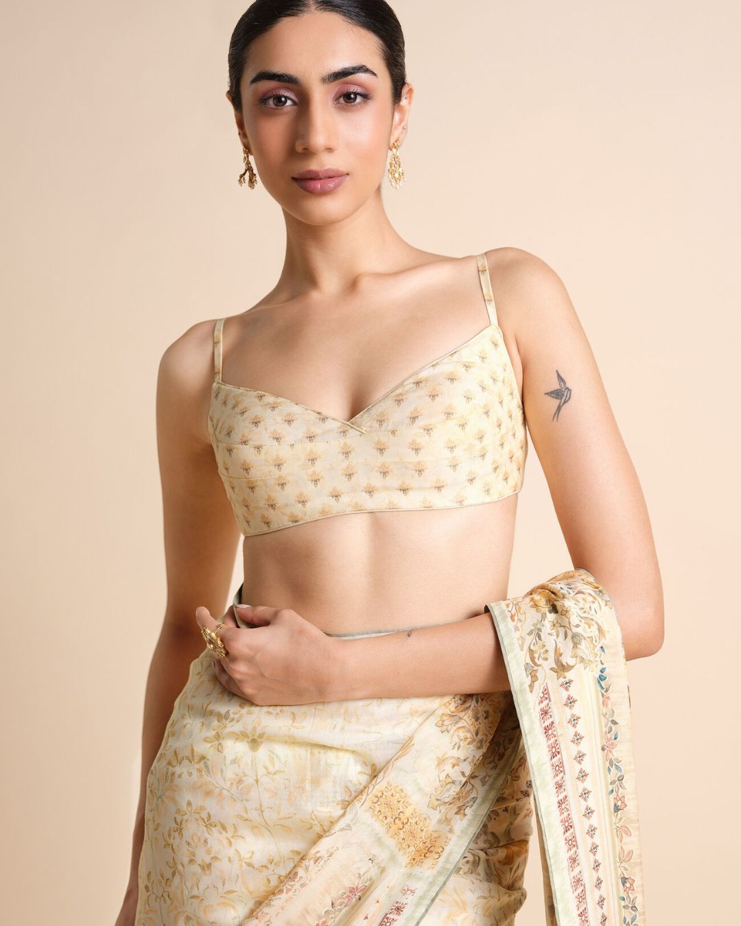Vanora Printed Saree - Cream