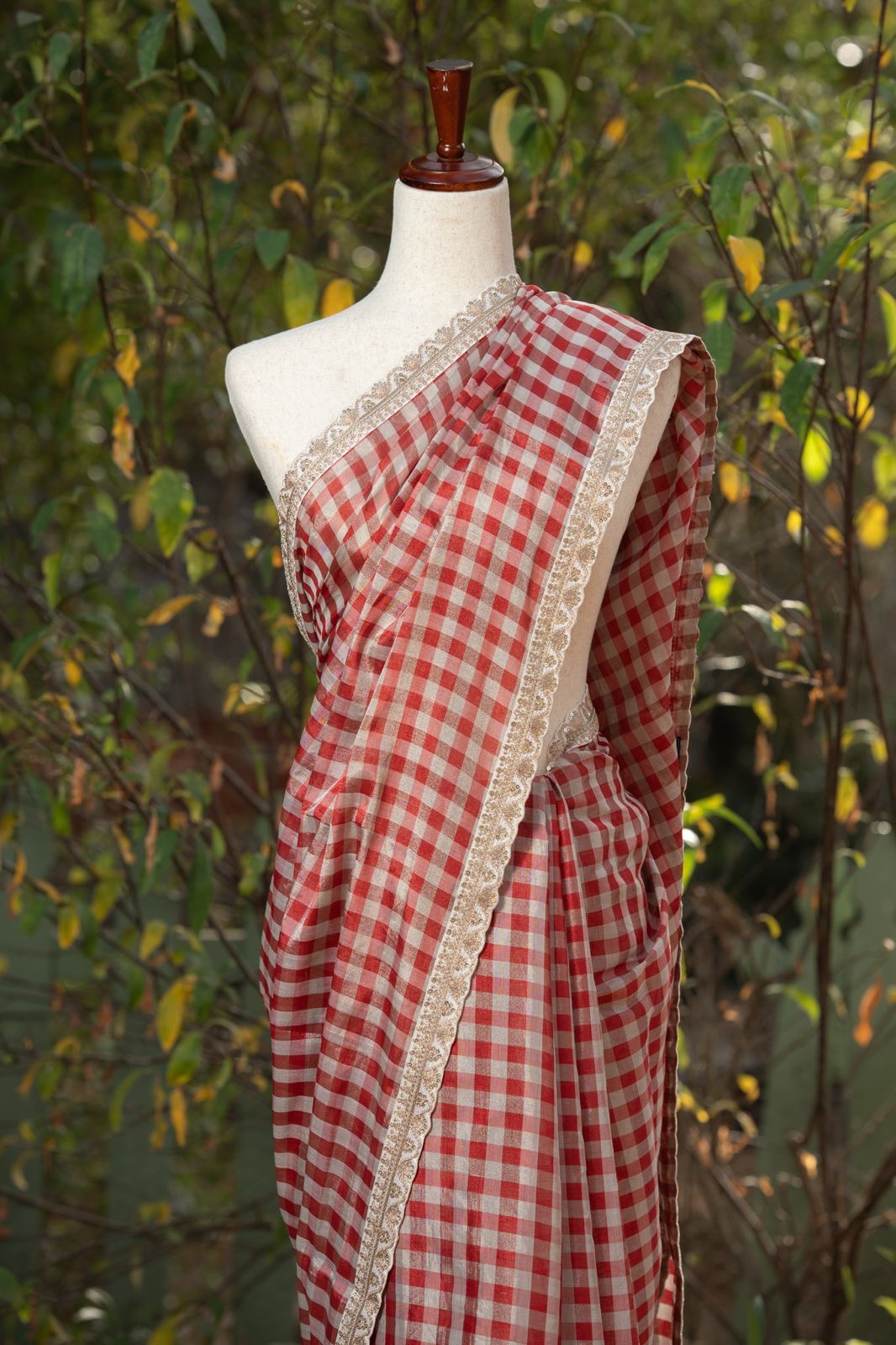 Red and white check Chanderi saree