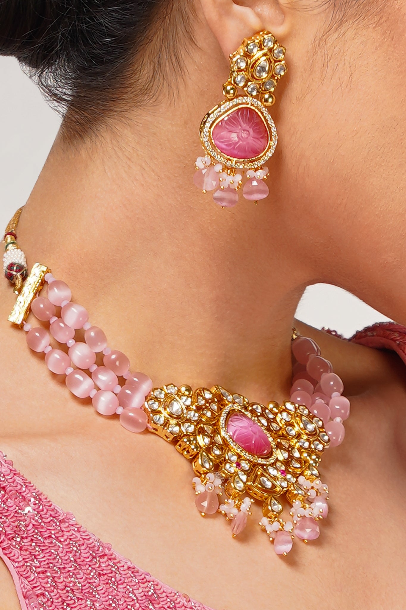 Pink Stone and Kundan Necklace Set