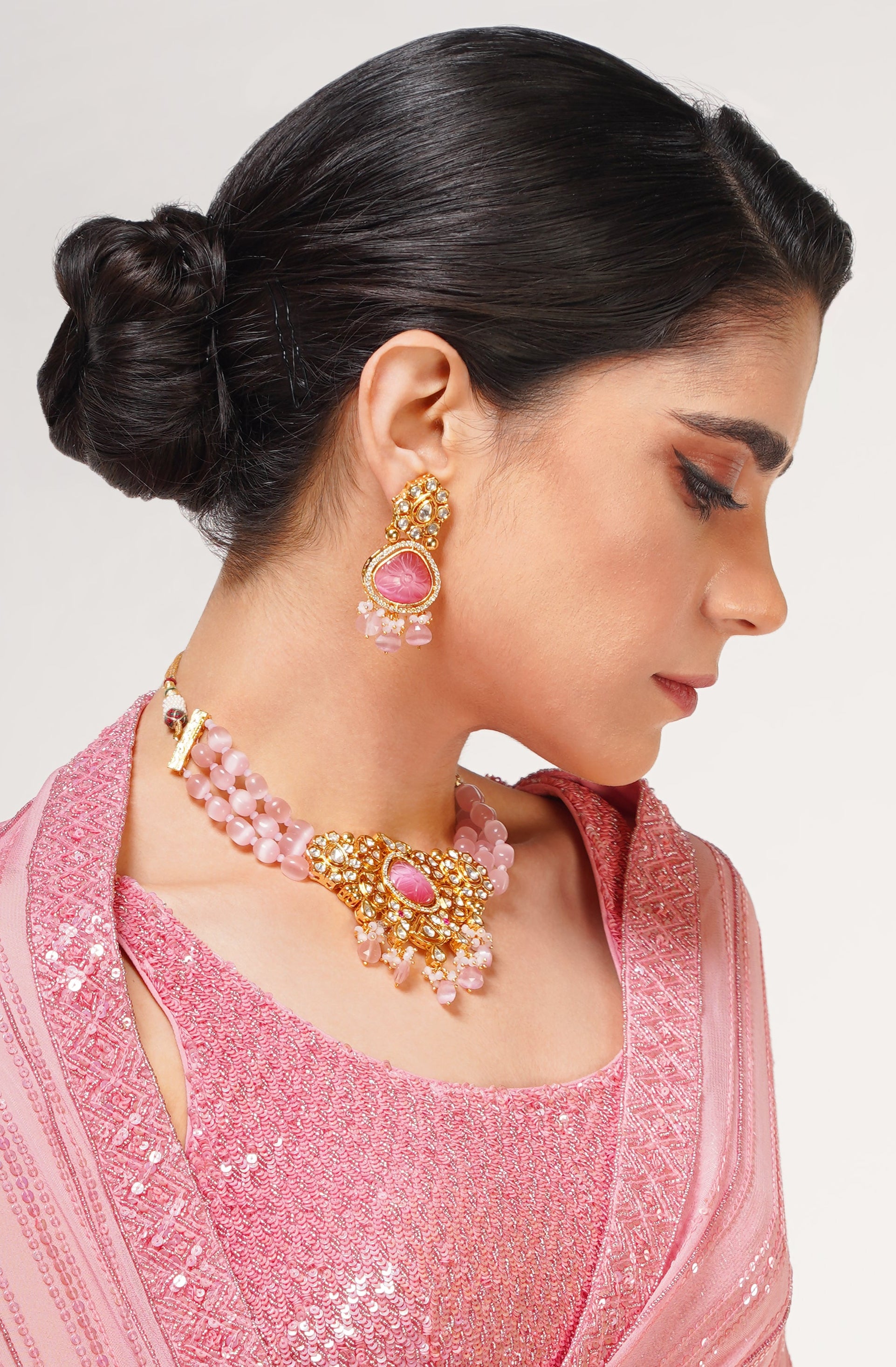 Pink Stone and Kundan Necklace Set