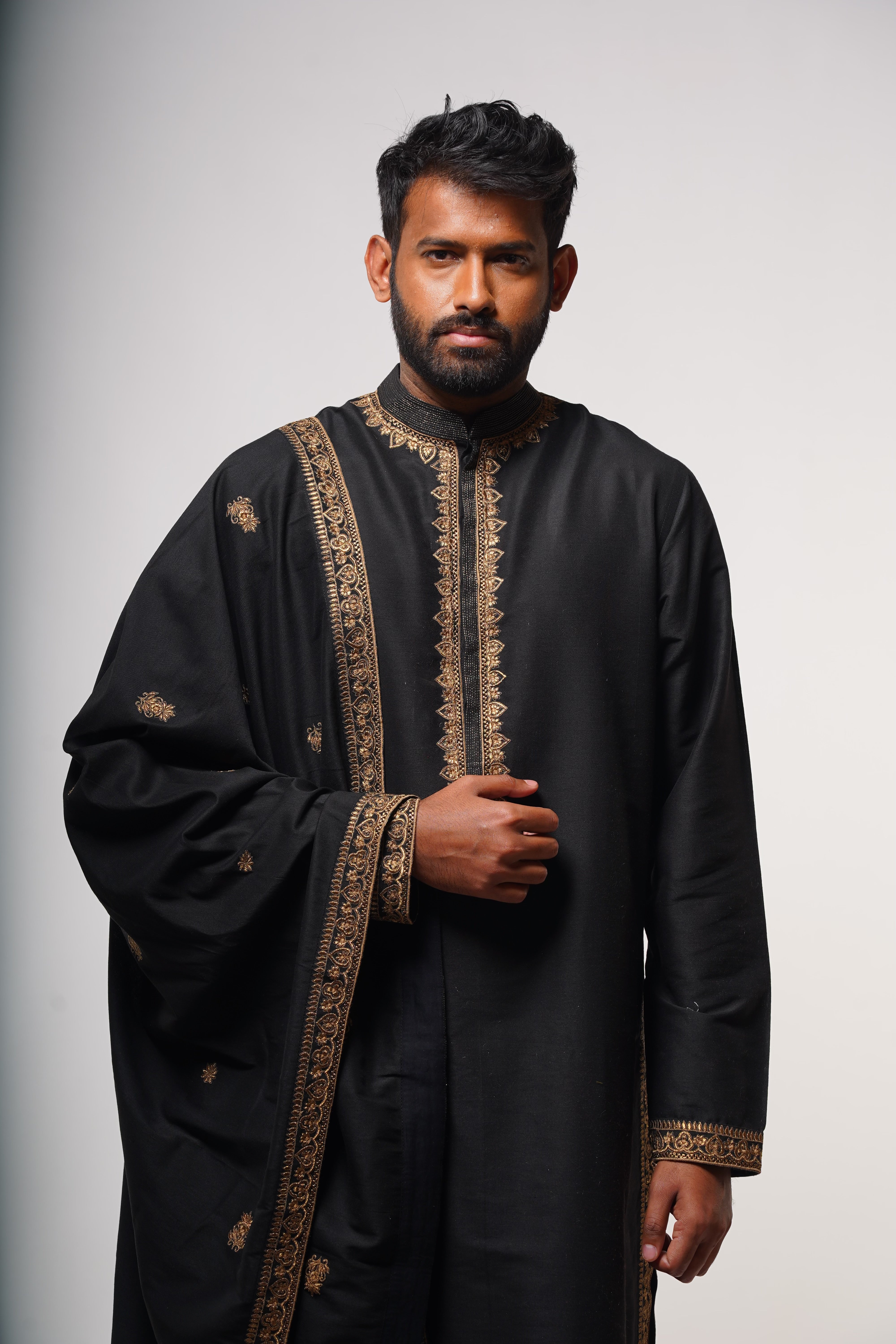 Black cotton silk embroidered kurta set