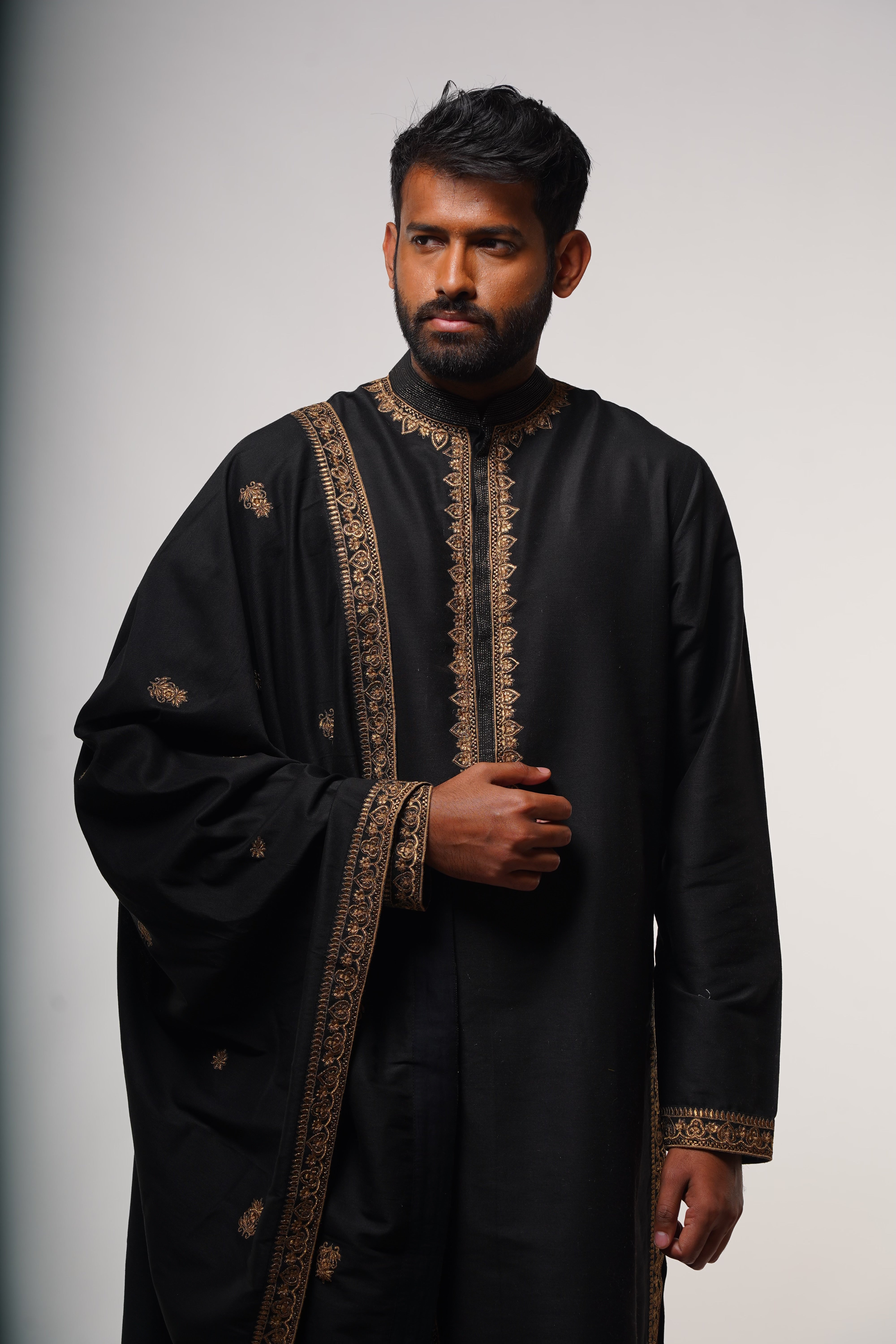 Black cotton silk embroidered kurta set