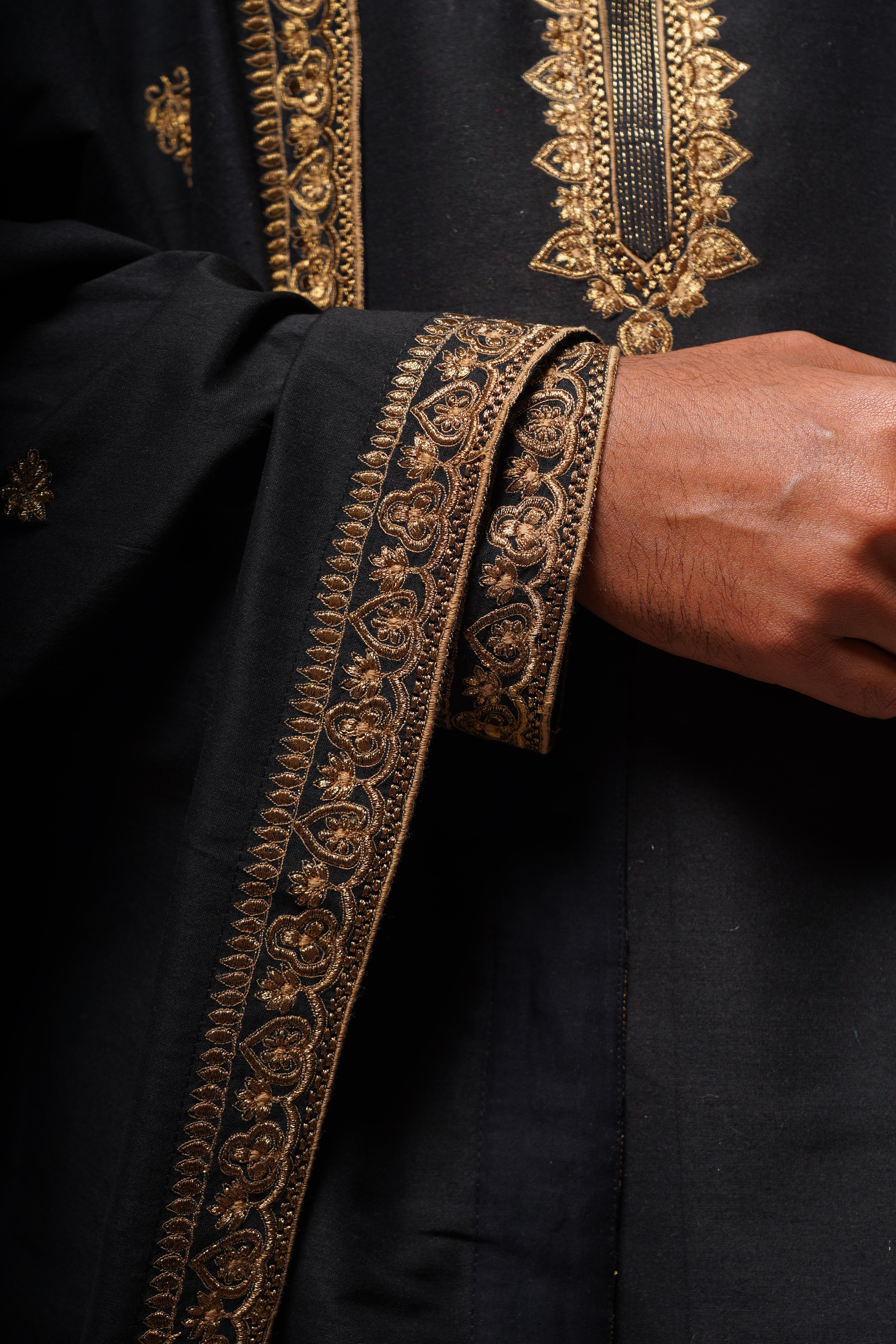 Black cotton silk embroidered kurta set