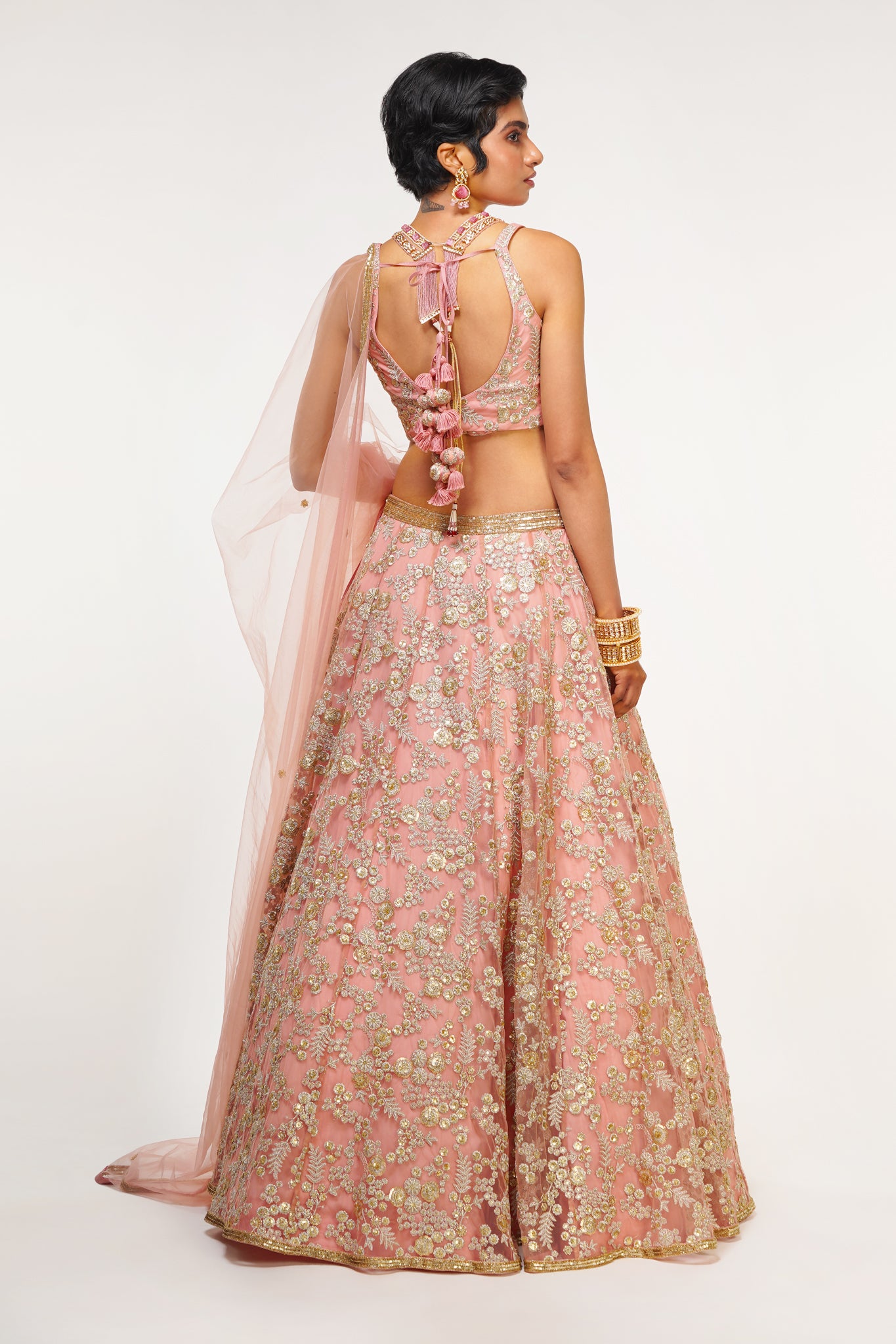 Dusty Pink Tulle Embroidered Lehenga Set
