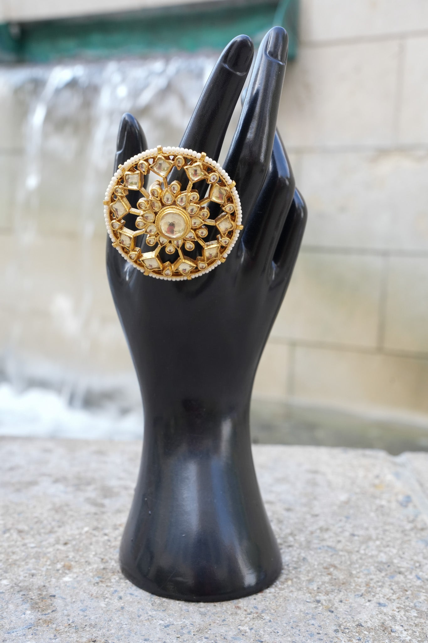 Silver Gold Plated White Glass Studded Ring