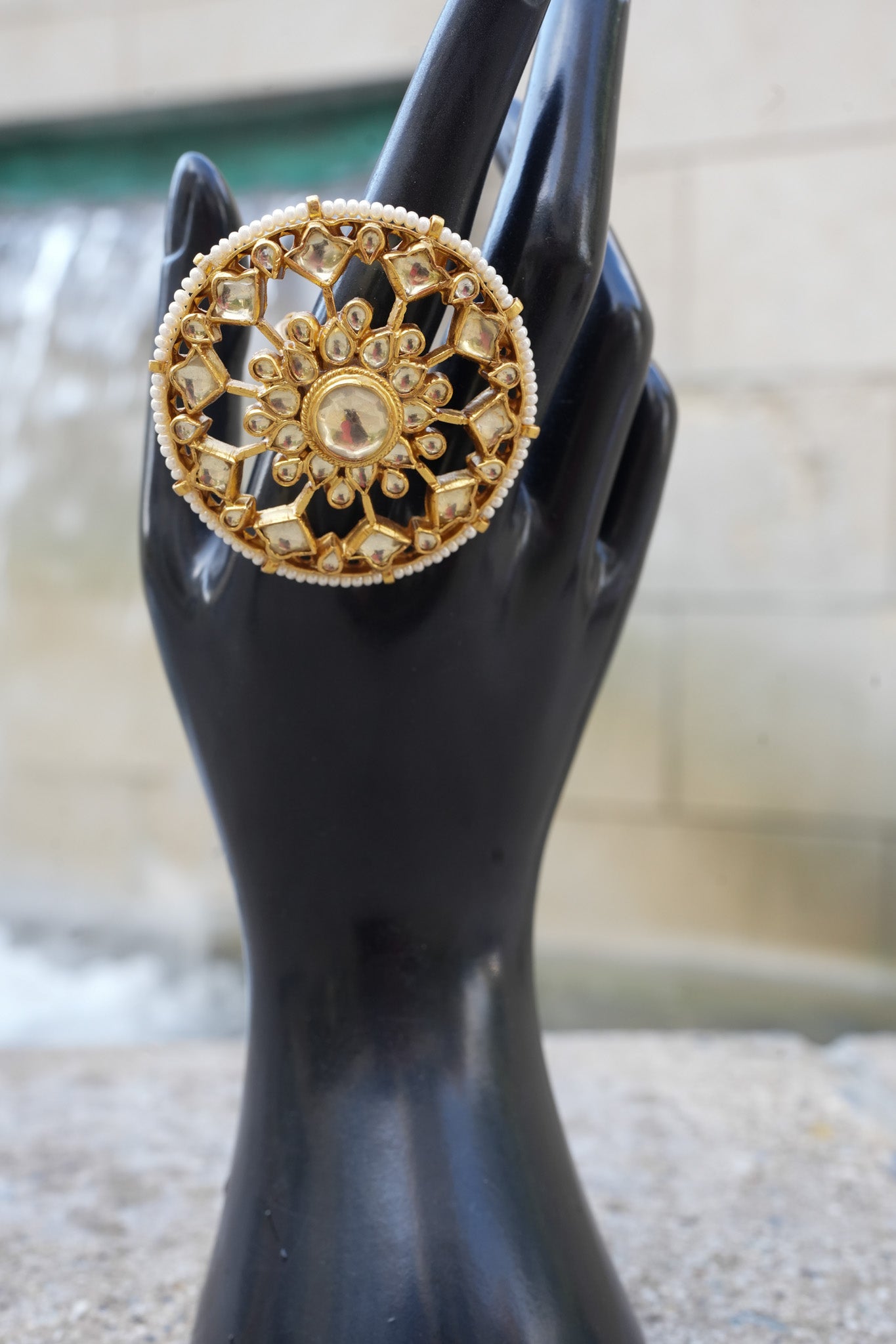 Silver Gold Plated White Glass Studded Ring