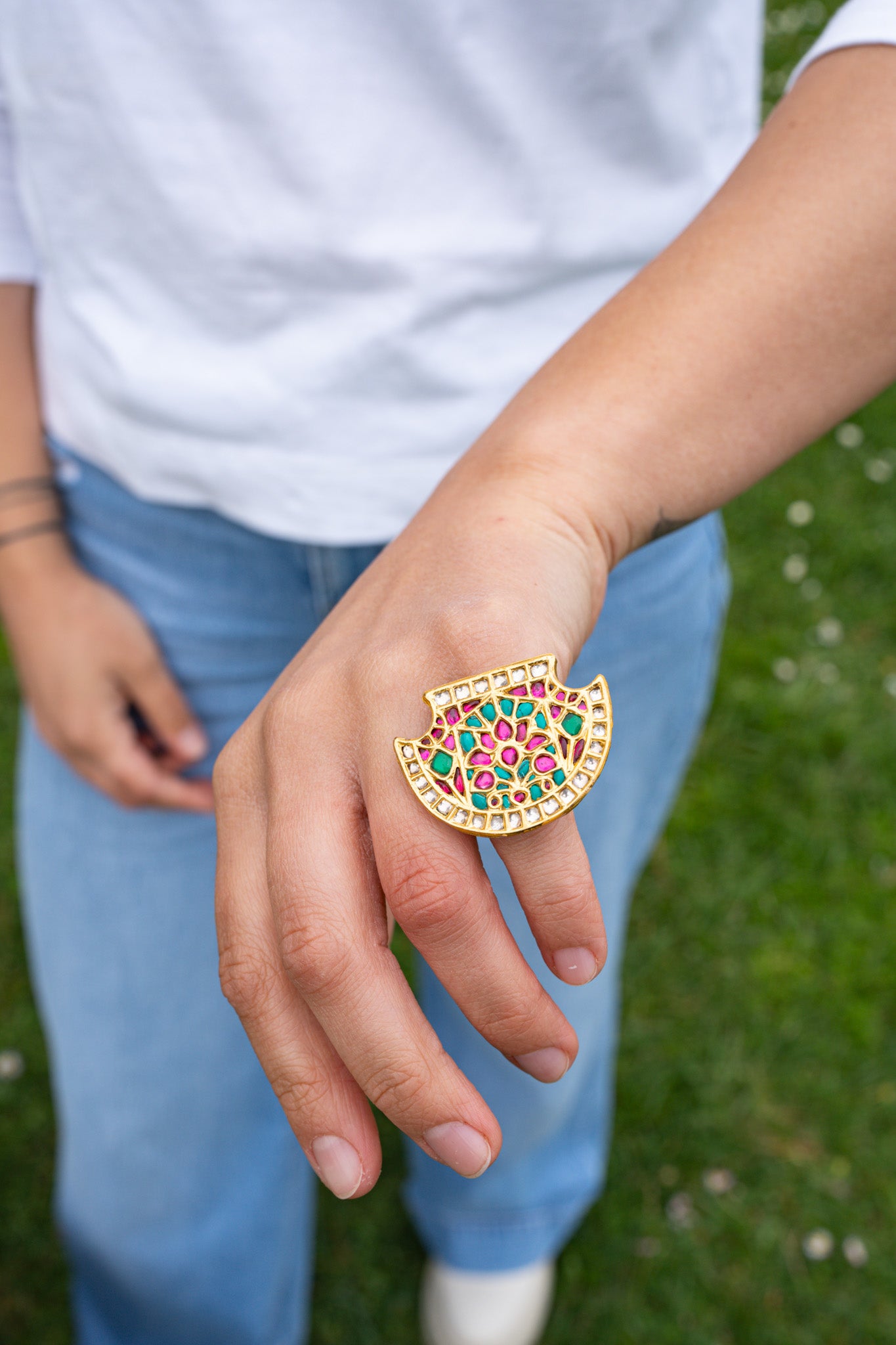 Silver Gold Plated Floral Pink Green White Glass Ring