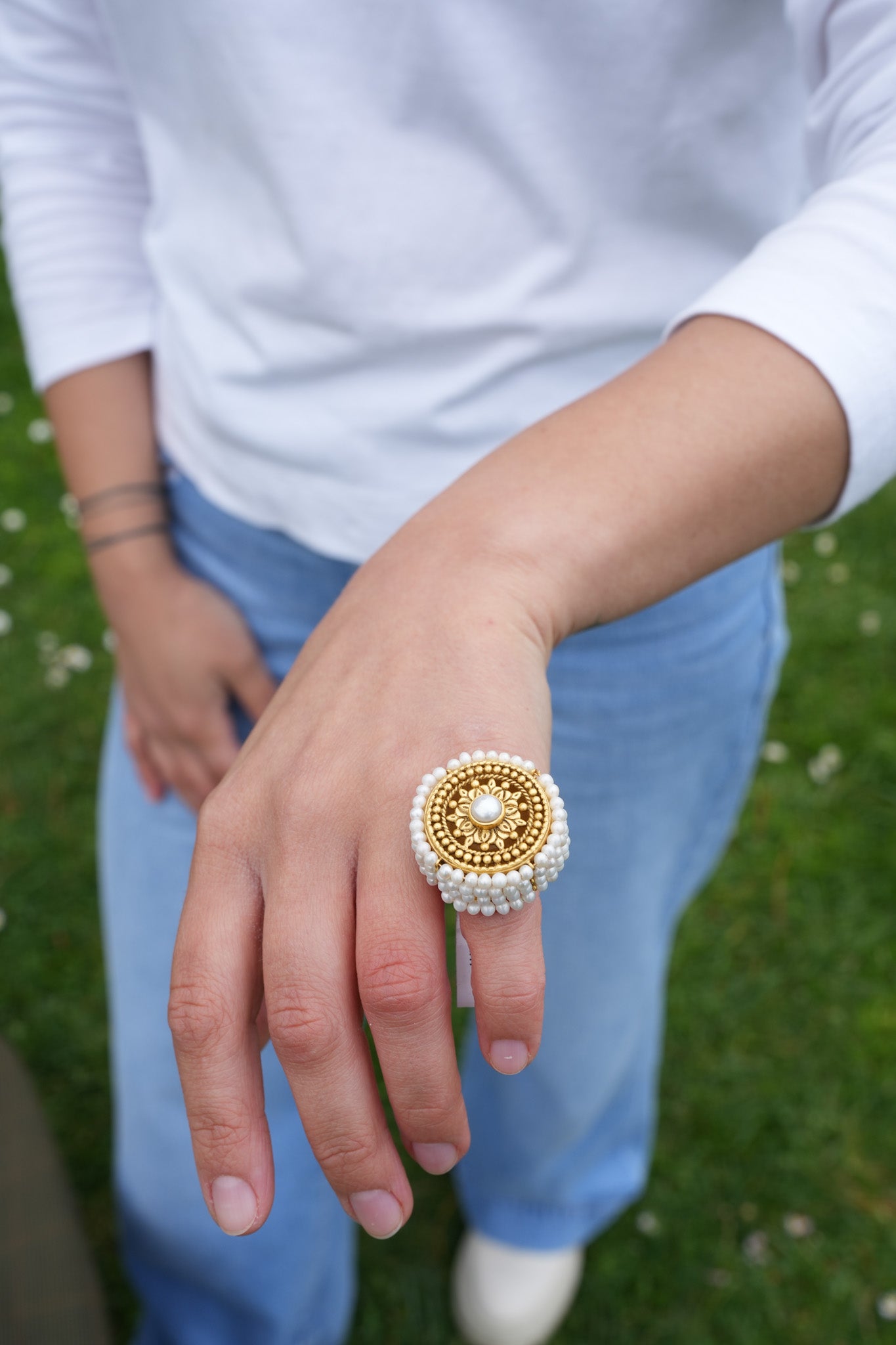 Amrapali Silver Gold Plated Pearl Embellished Ring