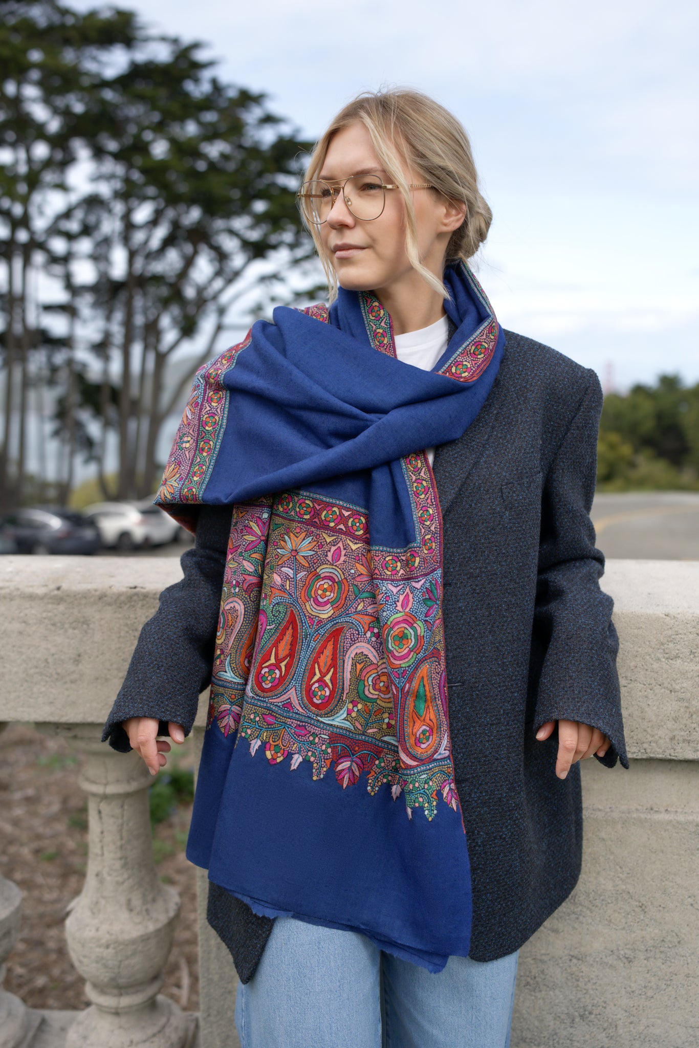 Blue Pashmina Shawl with Shawl Border