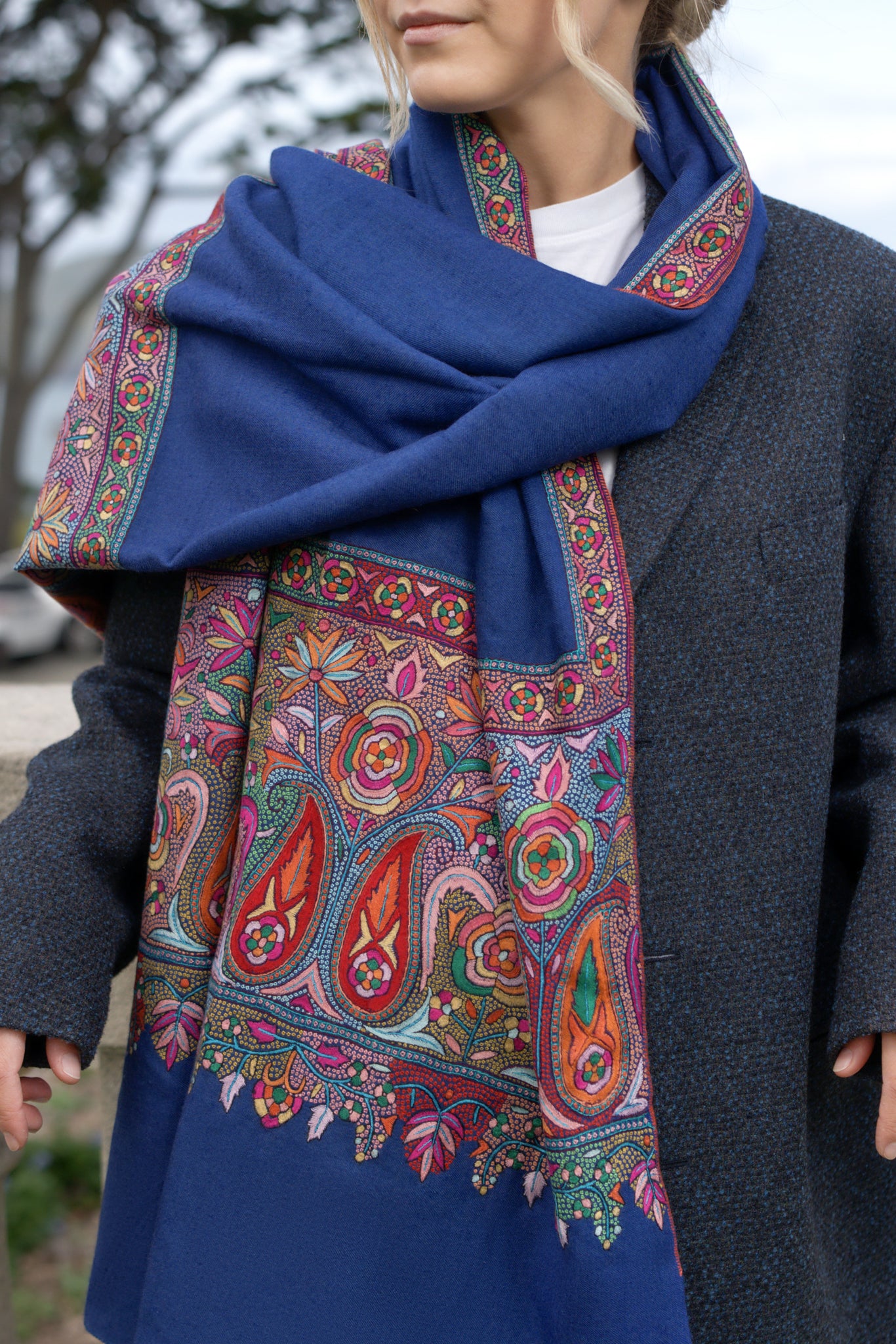 Blue Pashmina Shawl with Shawl Border