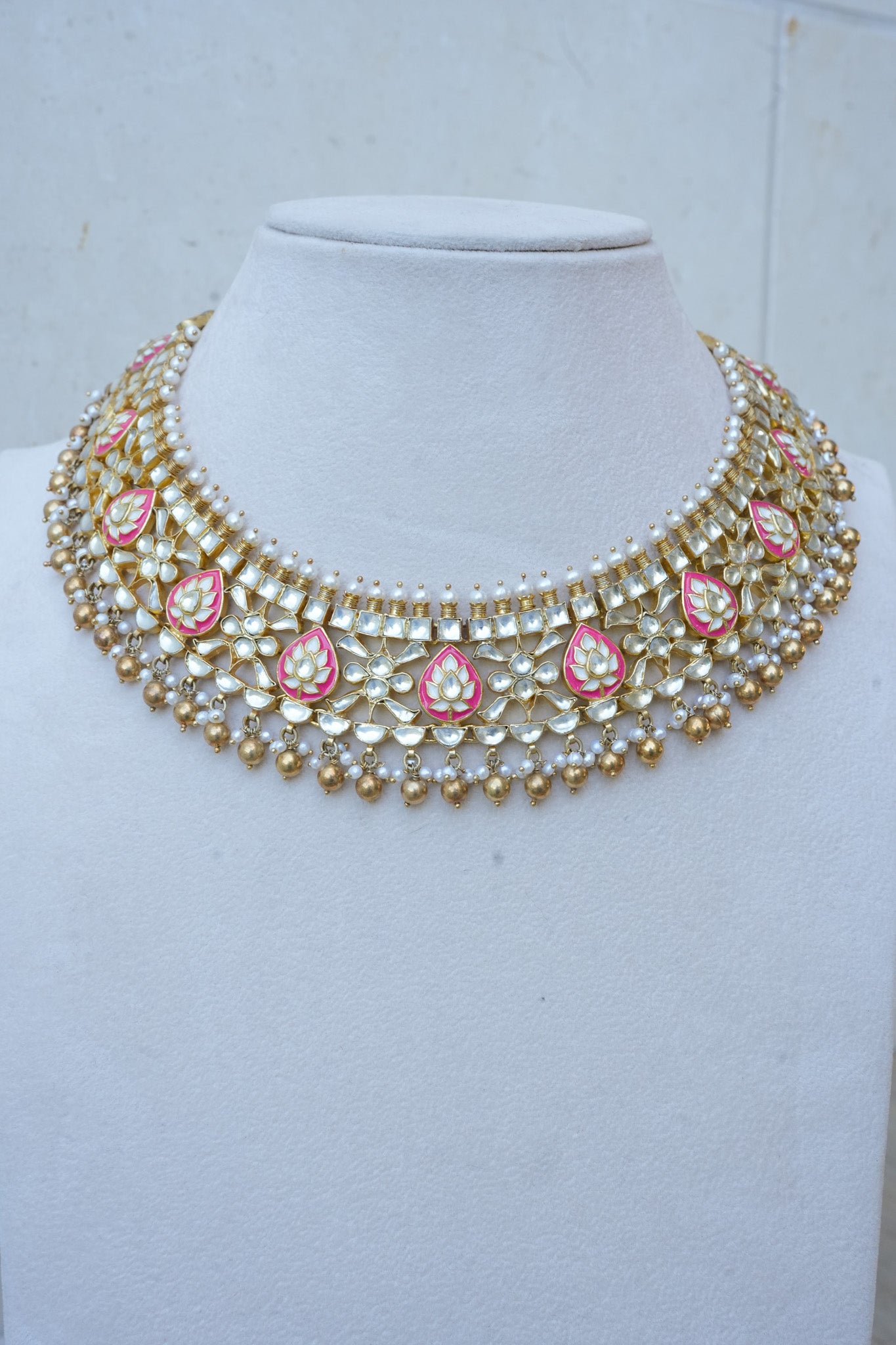 Silver Gold Plated Floral Pink Enamel Glass Necklace Set