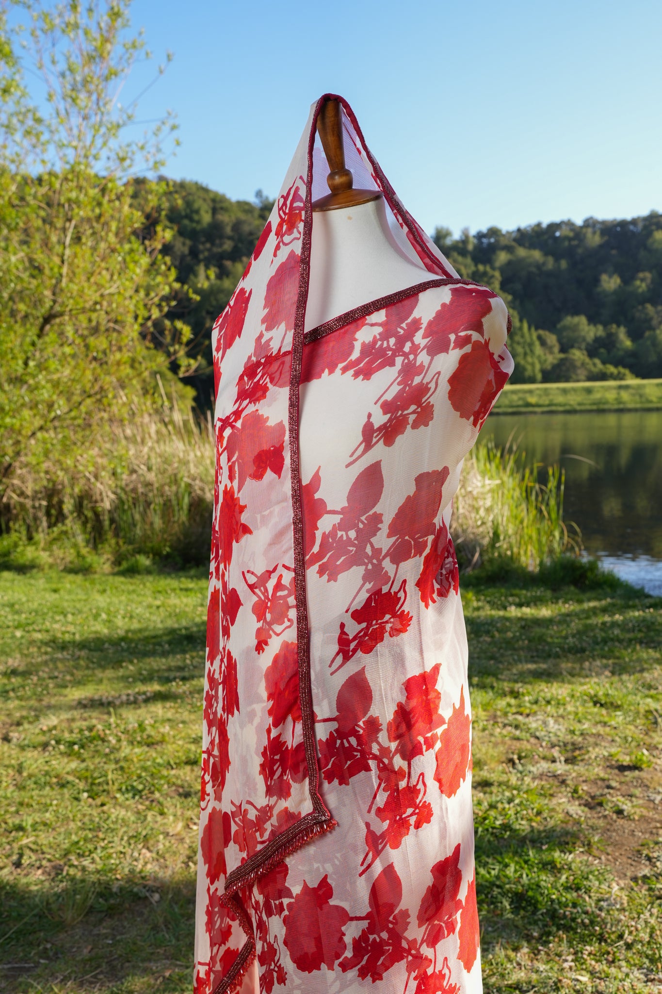 Printed chiffon saree with hand embroidered border