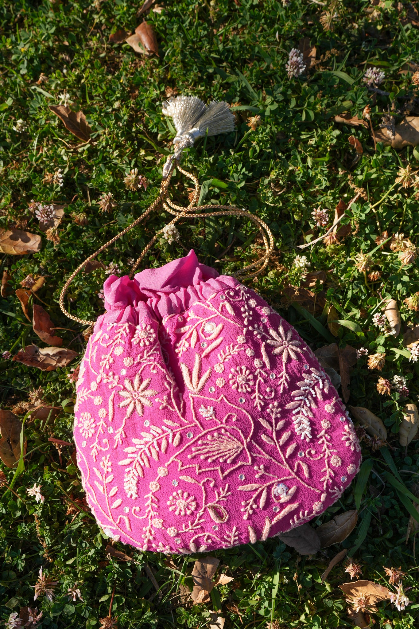 Pink Chikankari potli bag
