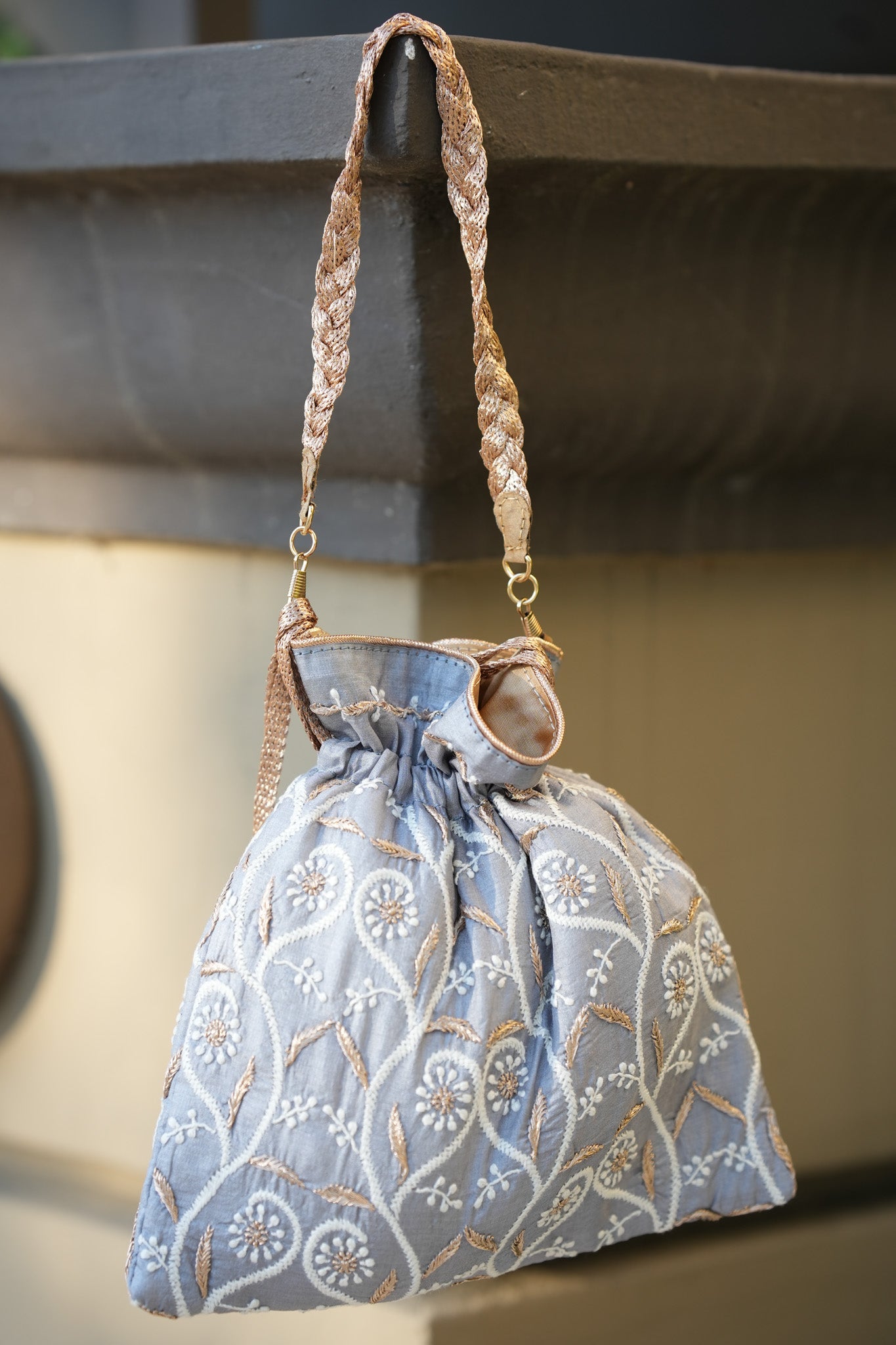 Sky Chikankari Potli Bag