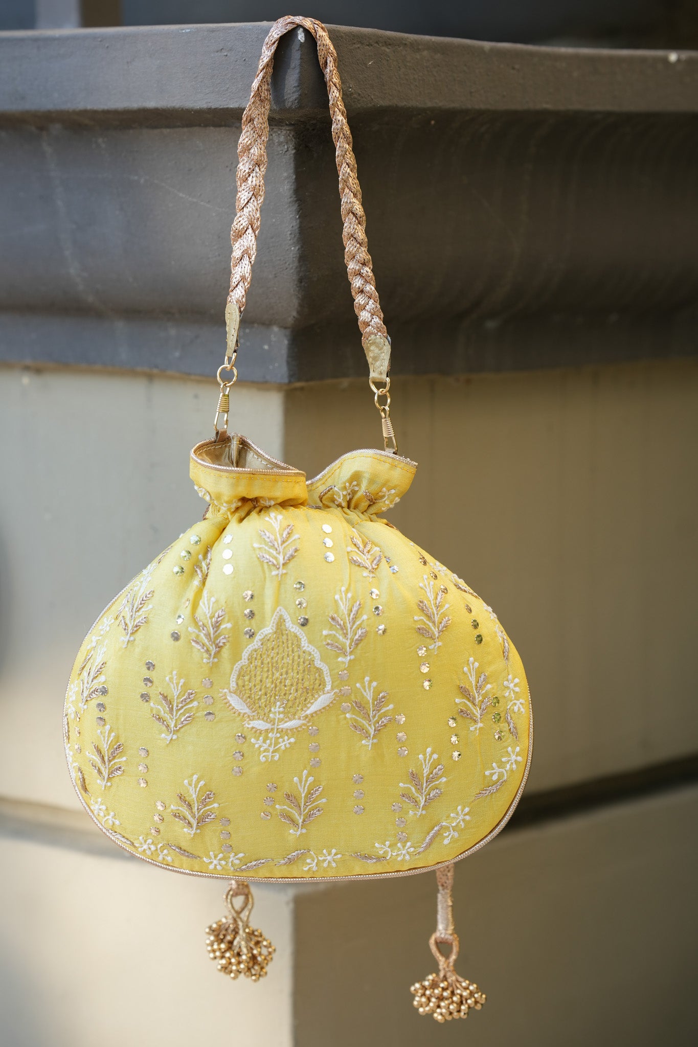 Lemon Meringue Chikankari Potli Bag