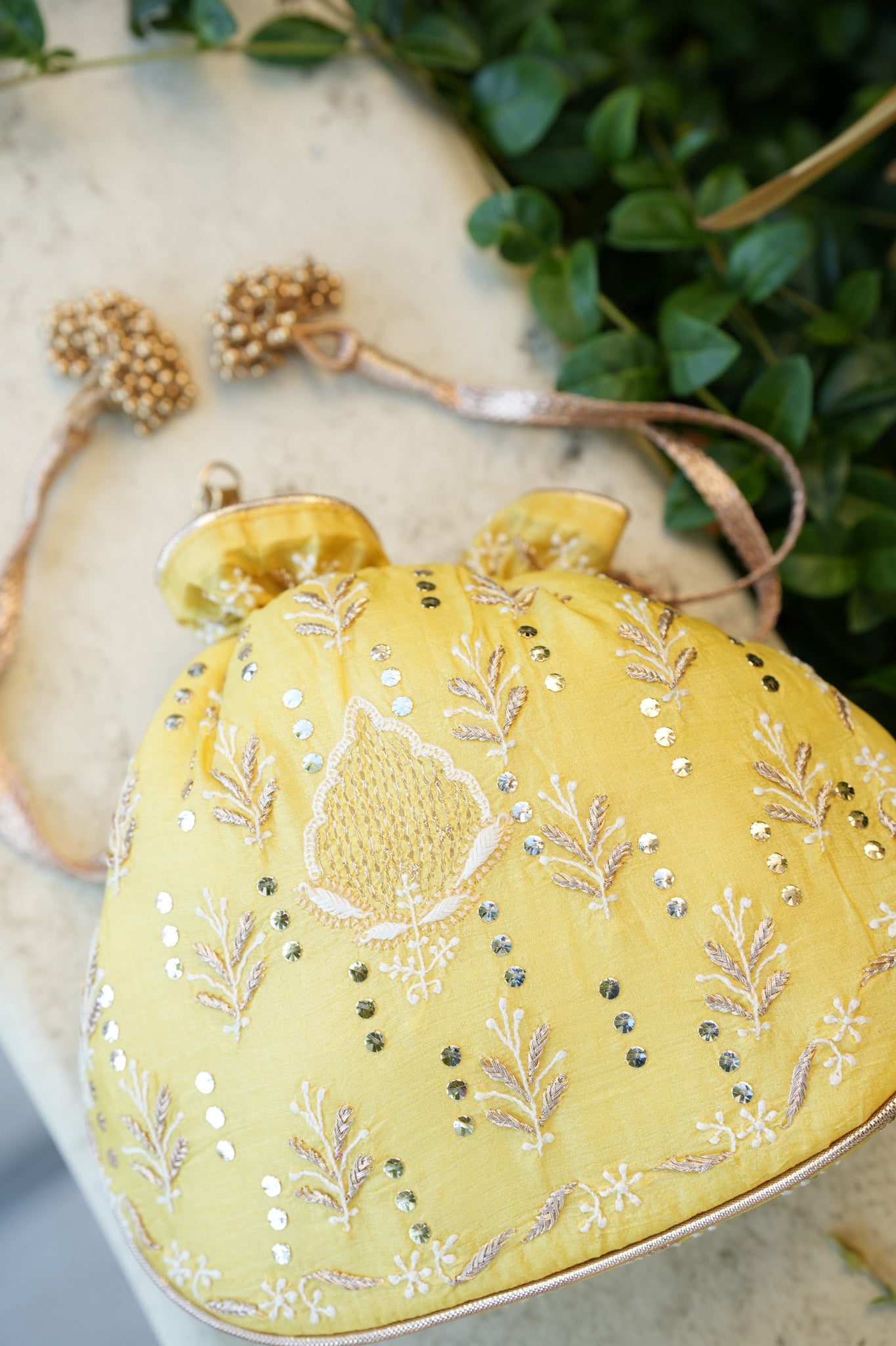 Lemon Meringue Chikankari Potli Bag