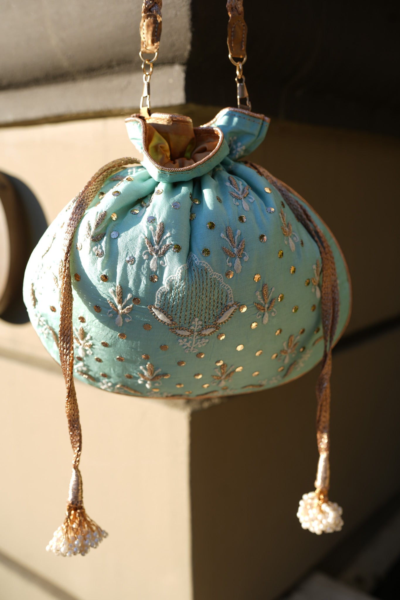 Powder Blue Chikankari Potli Bag