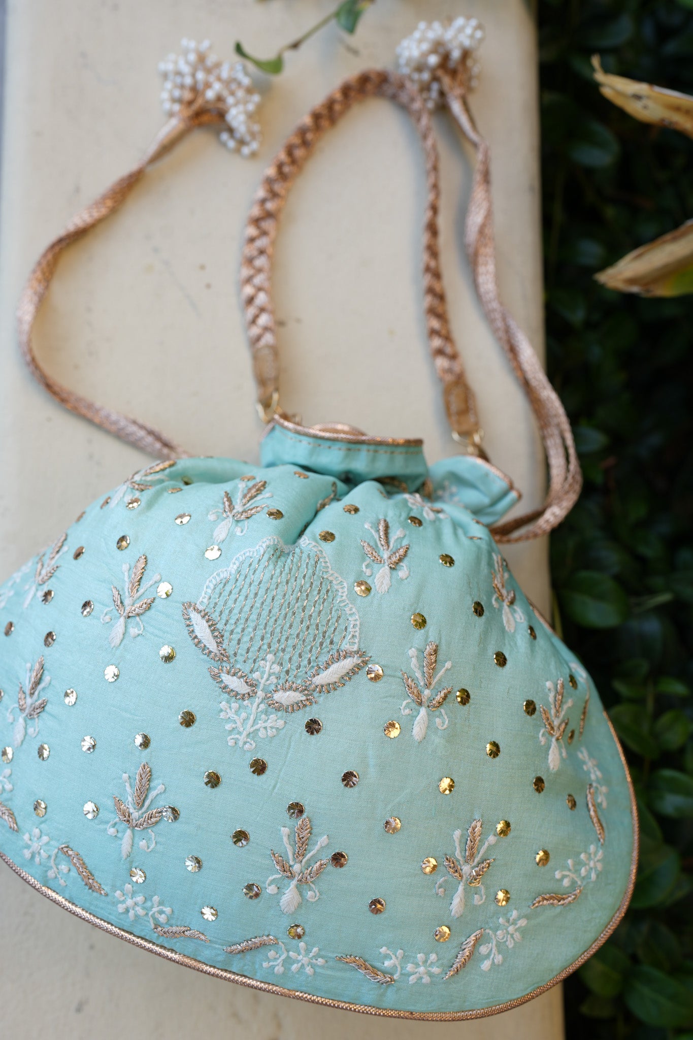 Powder Blue Chikankari Potli Bag