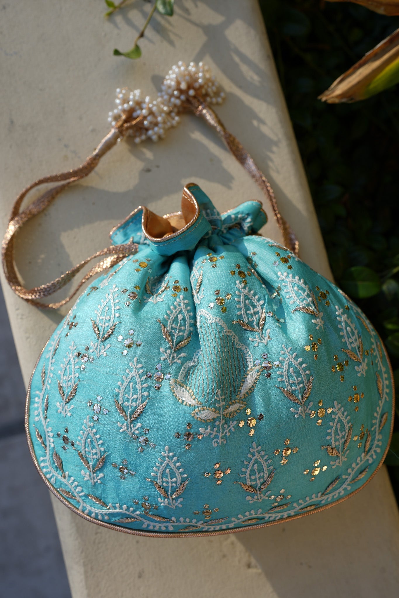Tiffany Blue Chikankari Potli Bag