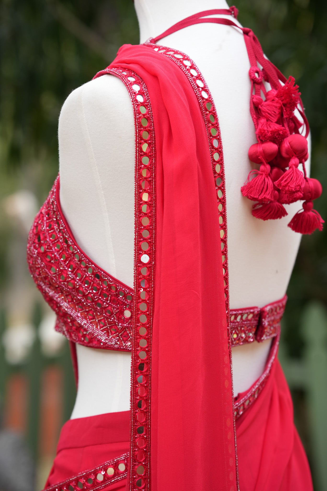 Red Drape Saree with Mirror Work Blouse