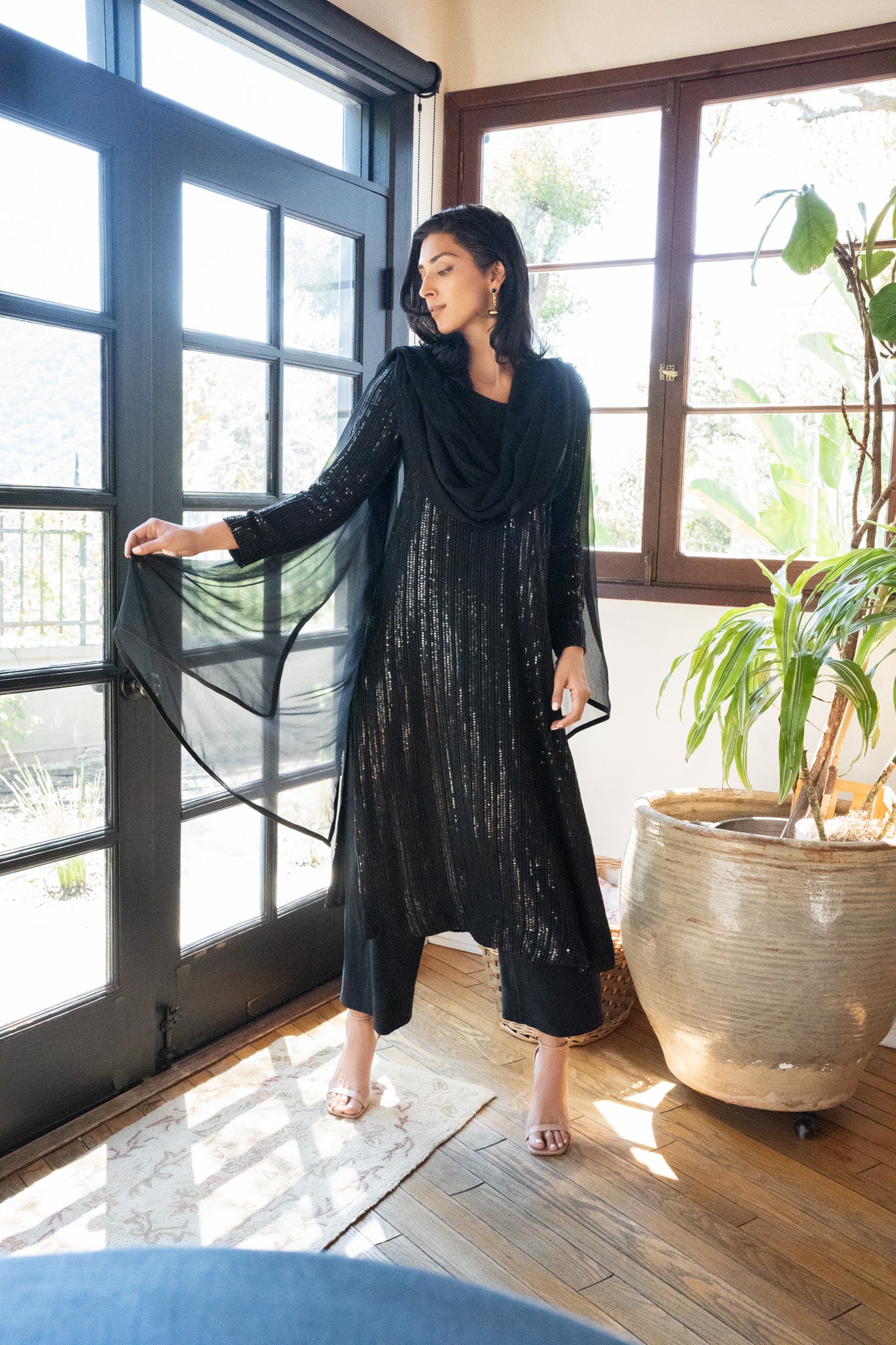 J Black V Neck Kurta Set