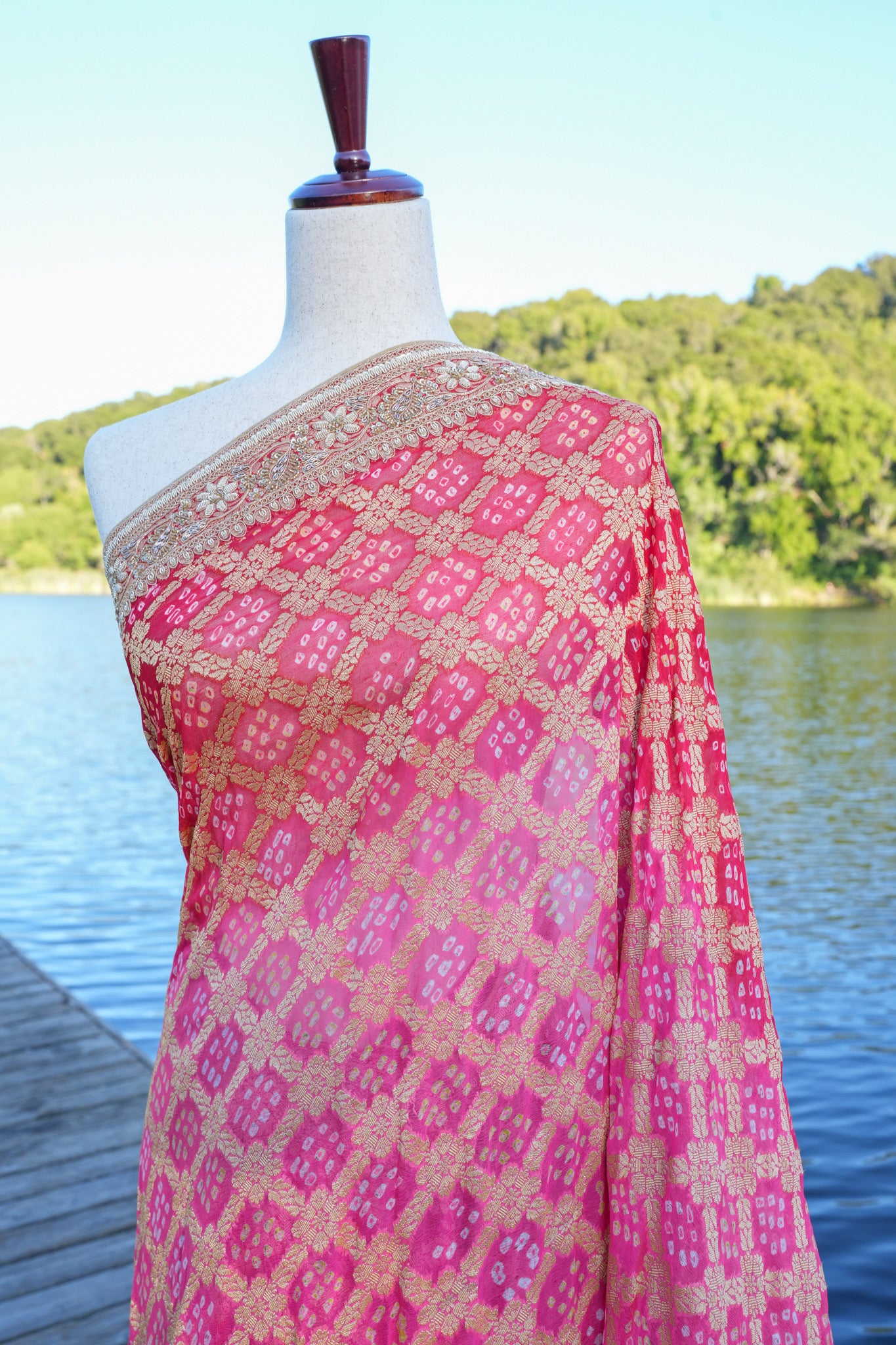 Hand Embroidered Bandhej saree