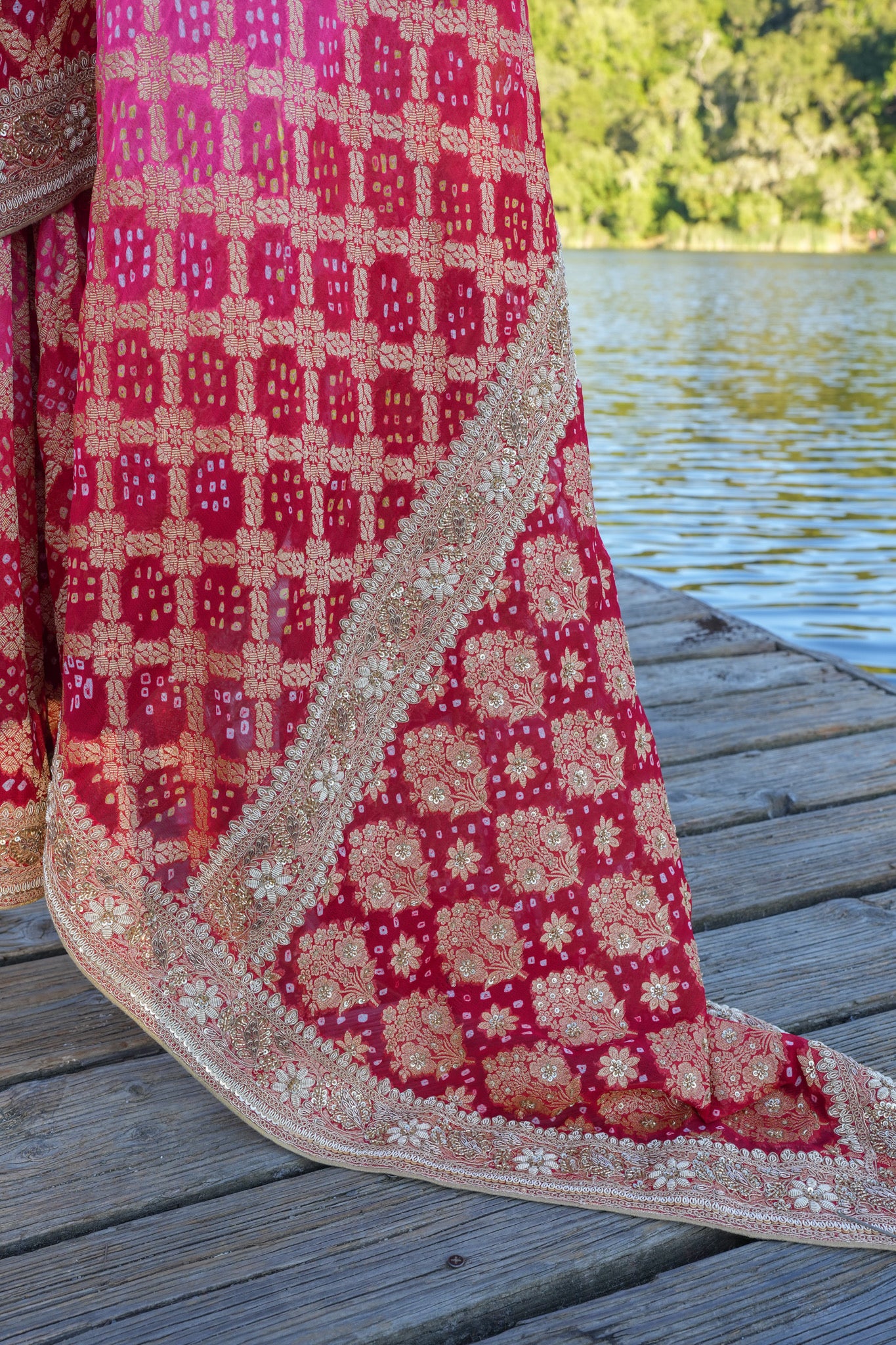 Hand Embroidered Bandhej saree