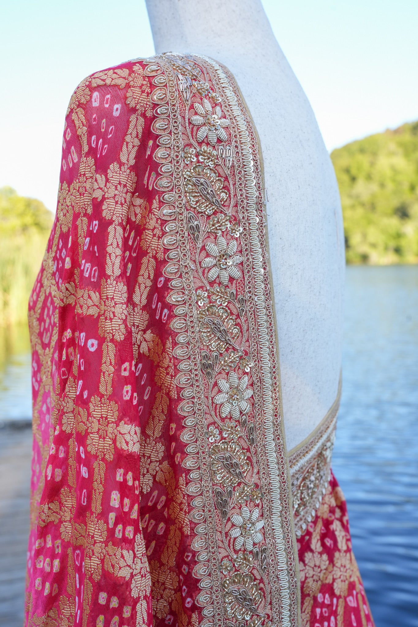 Hand Embroidered Bandhej saree