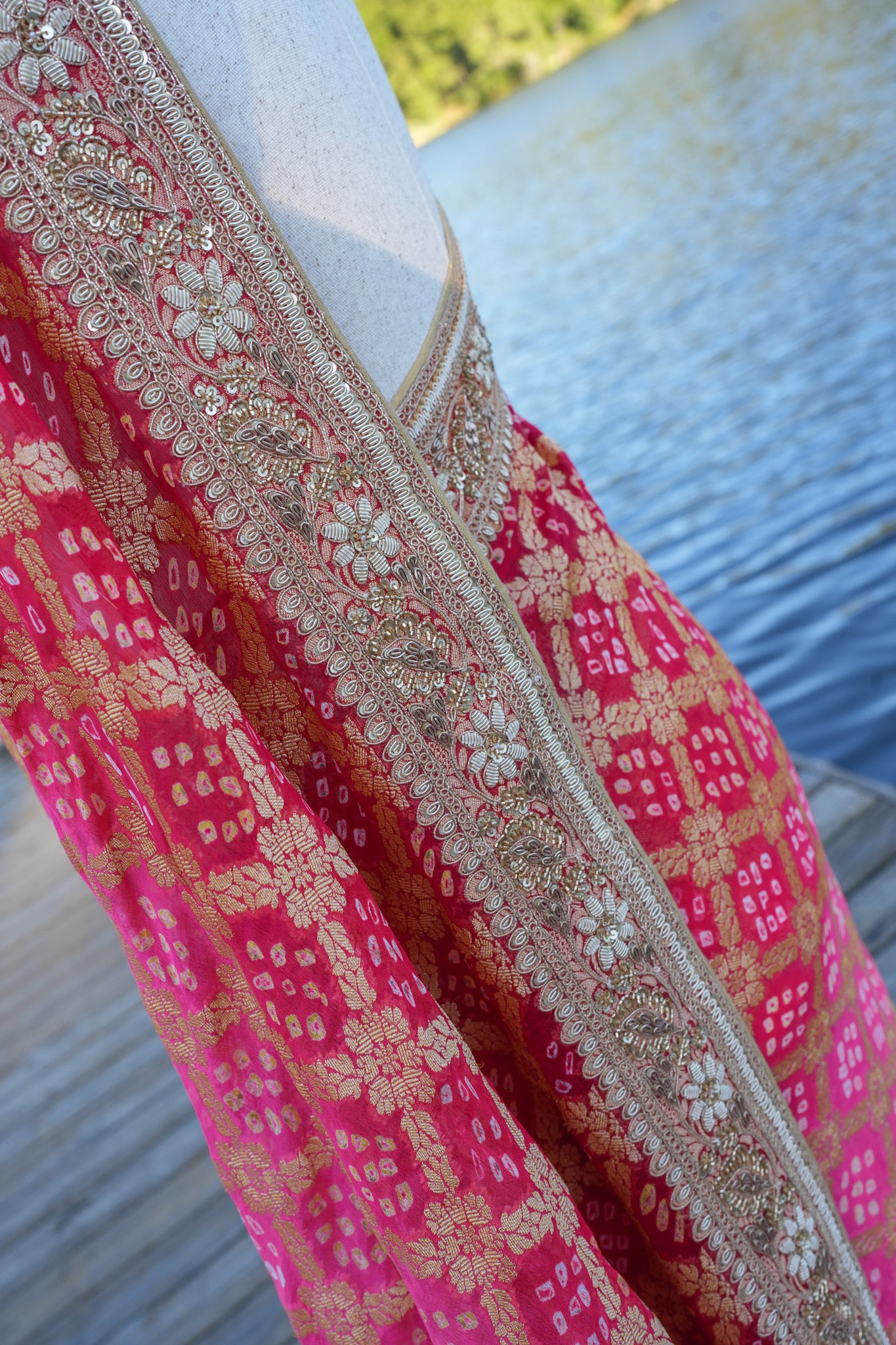 Hand Embroidered Bandhej saree