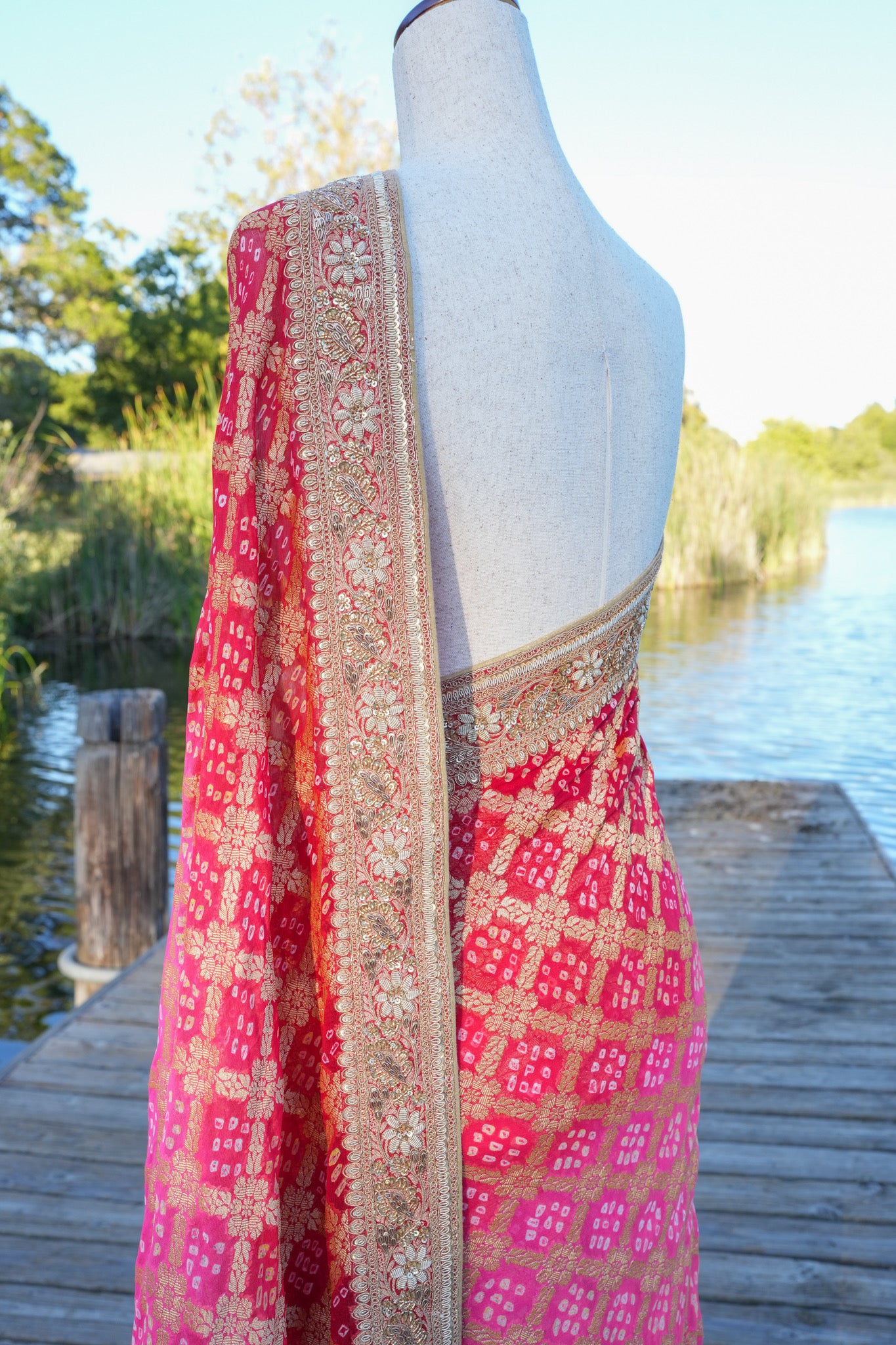 Hand Embroidered Bandhej saree