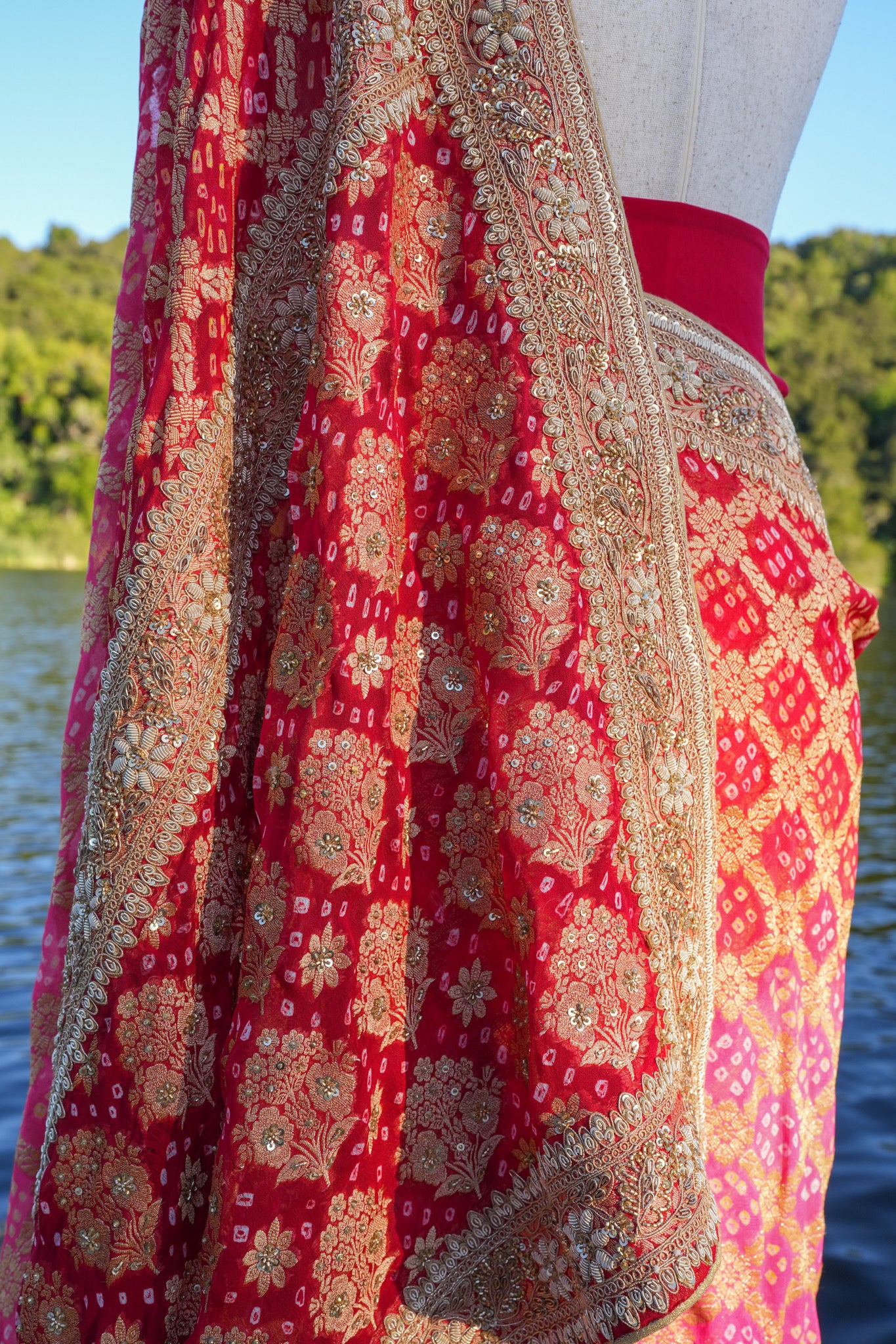 Hand Embroidered Bandhej saree