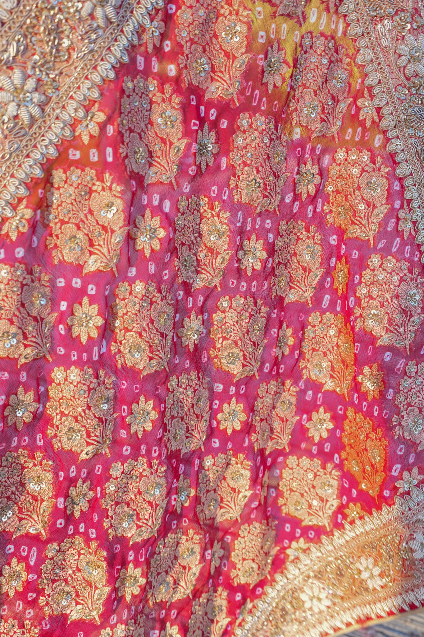 Hand Embroidered Bandhej saree