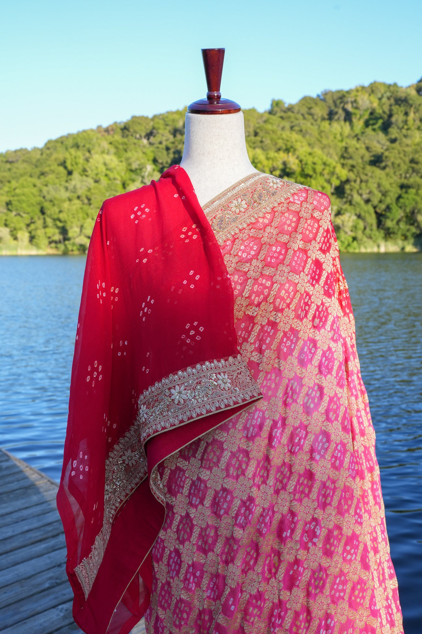 Hand Embroidered Bandhej saree