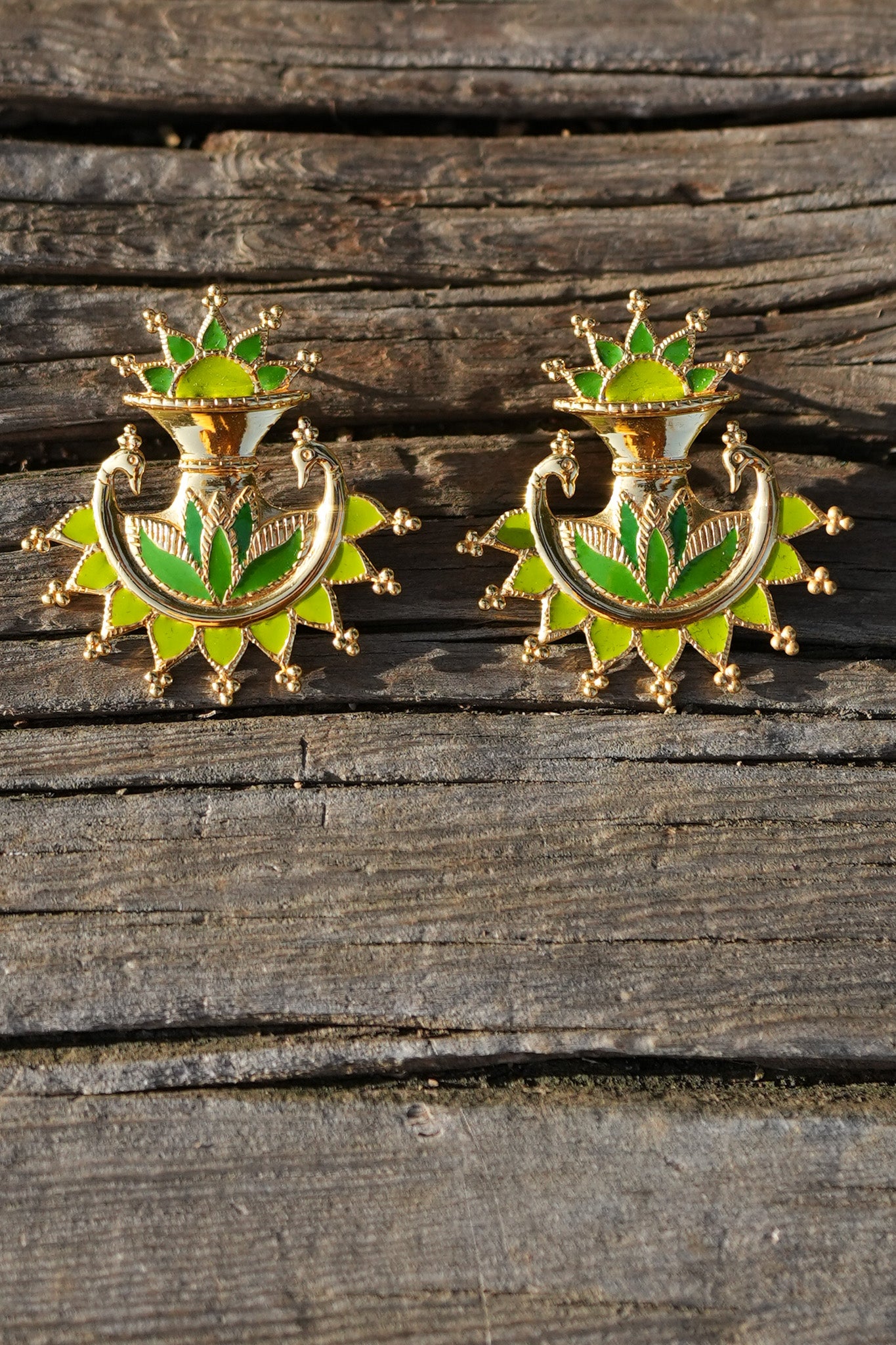 Gold Plated Green Enamel Earrings