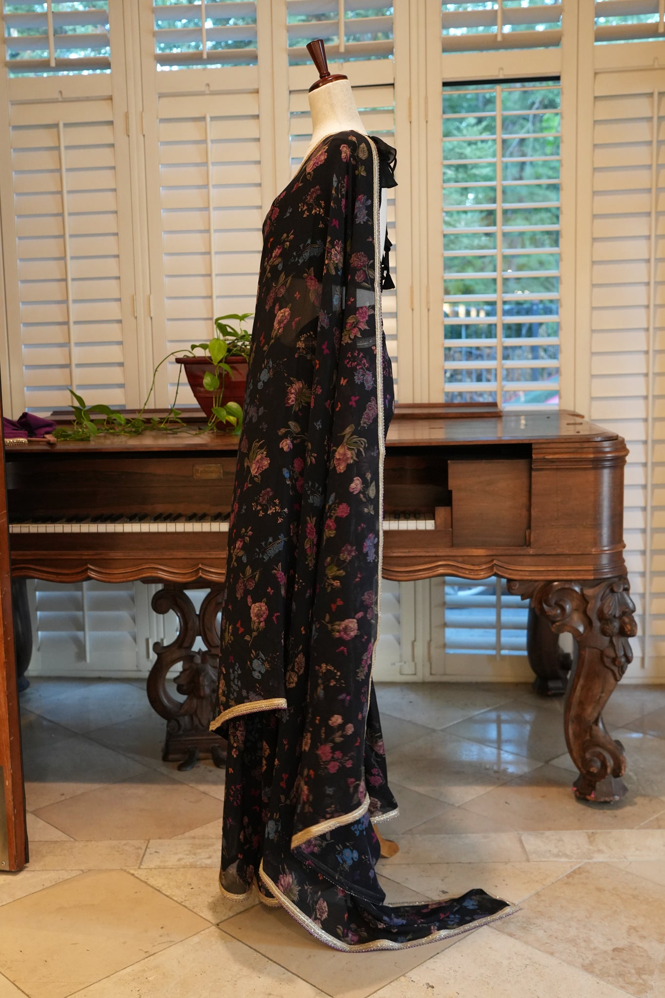 Black printed chiffon saree with border