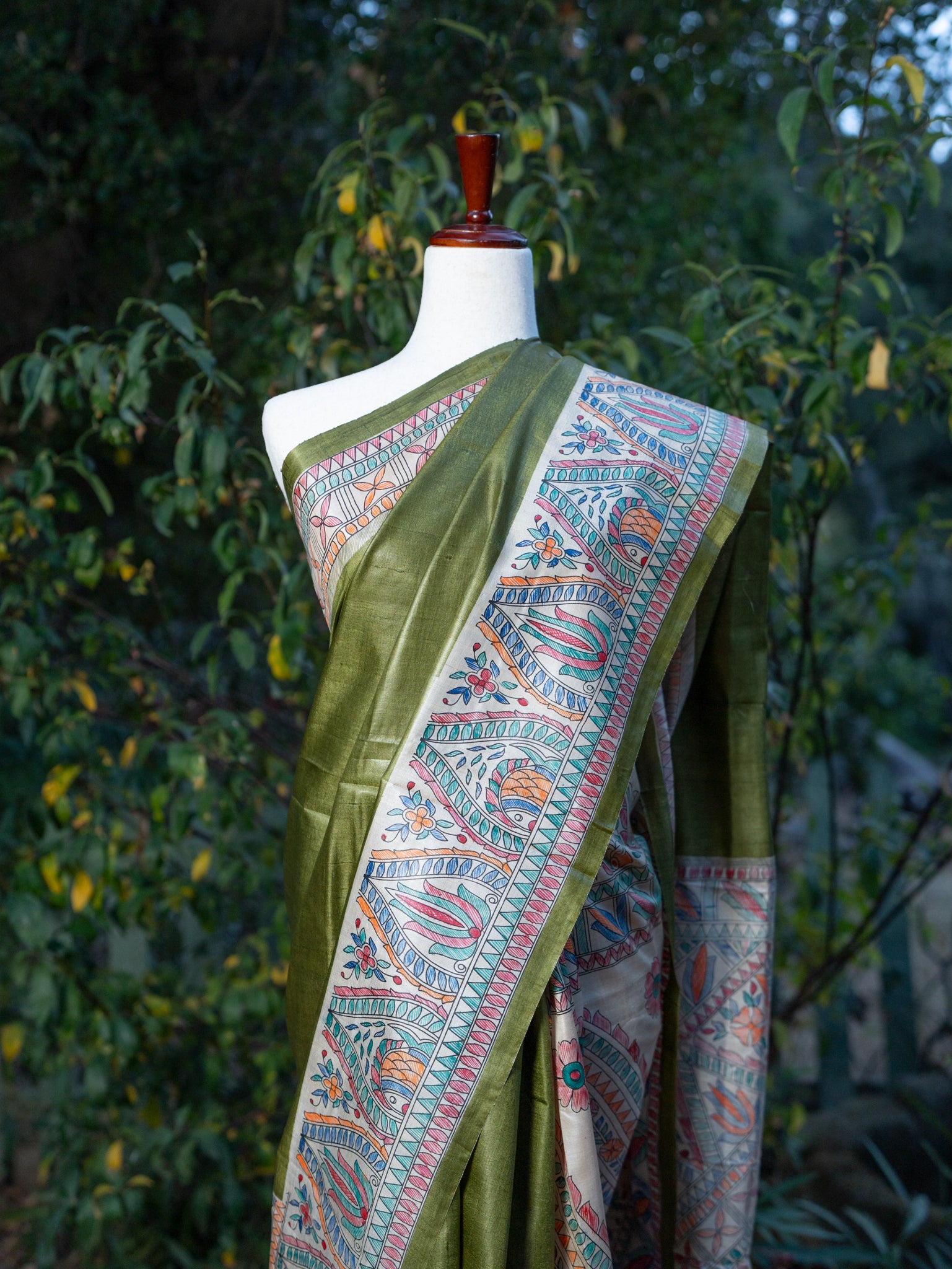 Green Madhubani Print Saree