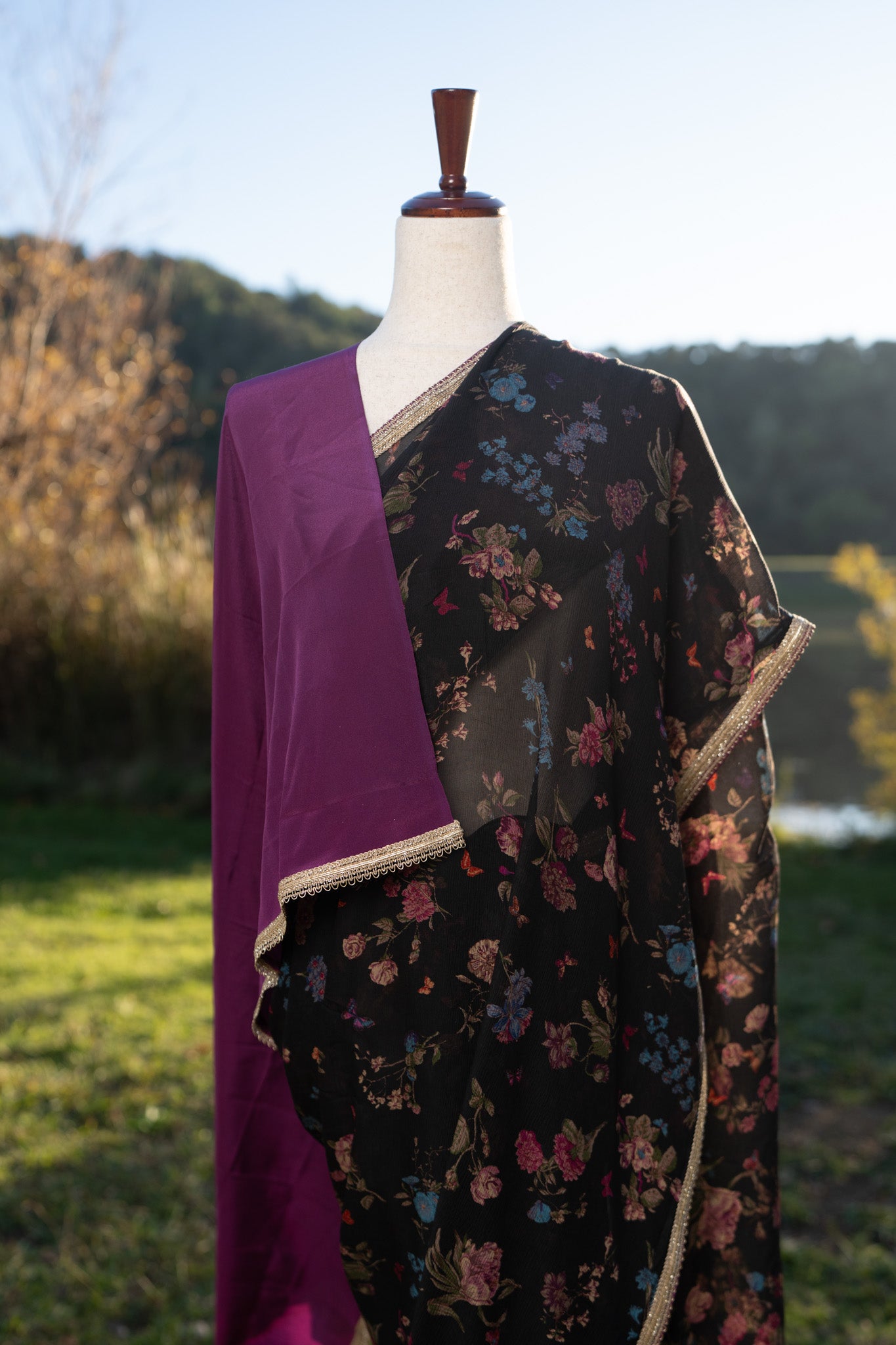 Black printed chiffon saree with border