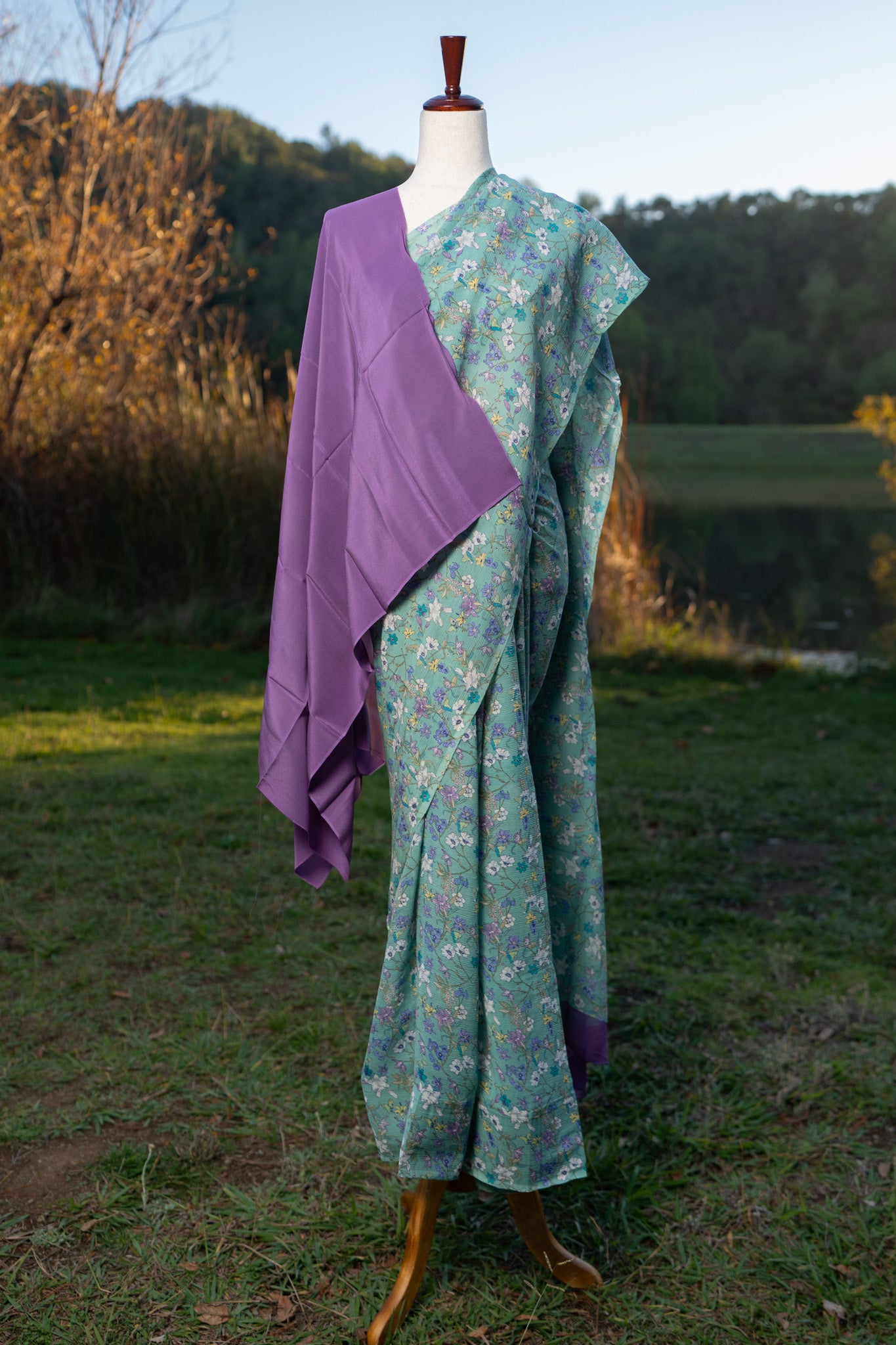 Green printed chiffon saree